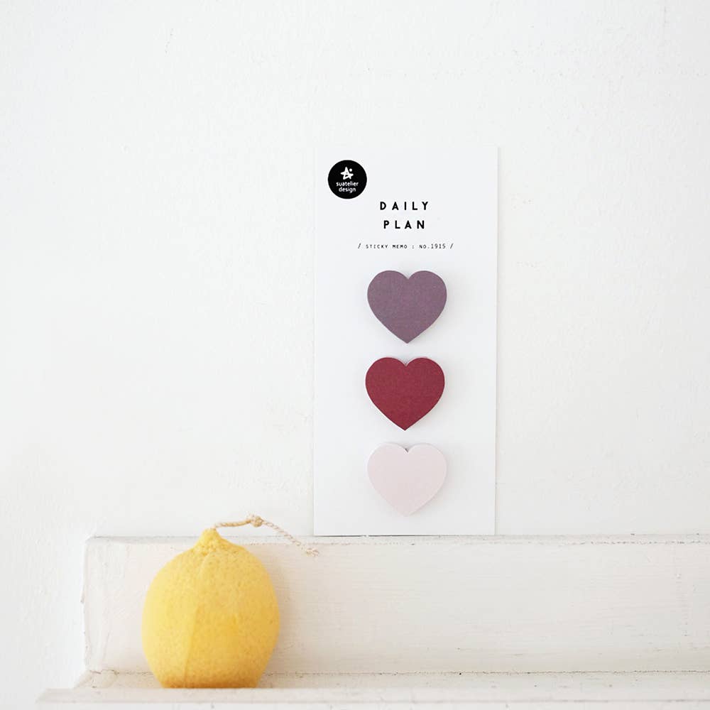Suatelier Daily Plan heart-shaped sticky notes in three colors: plum, wine red, and blush pink, made in South Korea