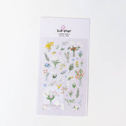 Suatelier Fleur wildflower bouquet sticker sheet with illustrated flowers in clear vases, loose stems, and botanical branches on soft lavender background, made in South Korea