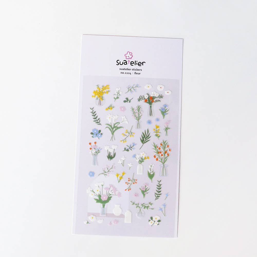 Suatelier Fleur wildflower bouquet sticker sheet with illustrated flowers in clear vases, loose stems, and botanical branches on soft lavender background, made in South Korea