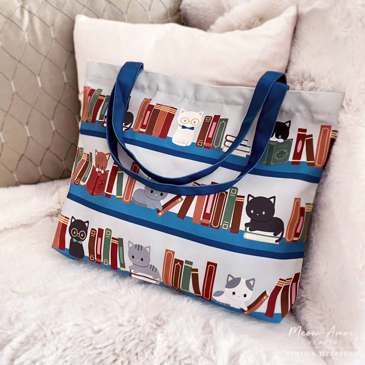 Book Cats Zipper Canvas Tote Bag | Meow Amor Creative