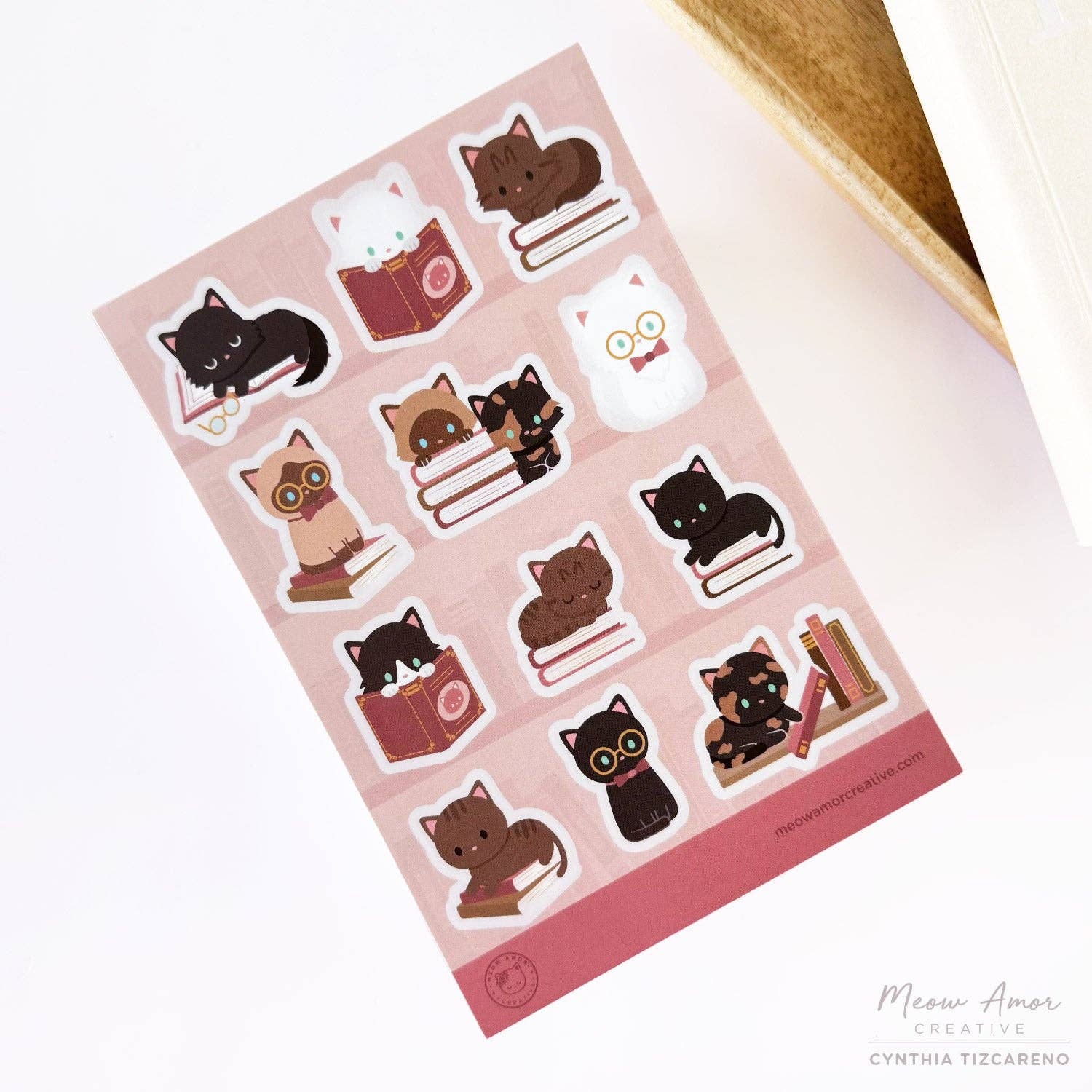 Blush Book Cats Vinyl Sticker Sheet by Meow Amor Creative | Papertail Fox