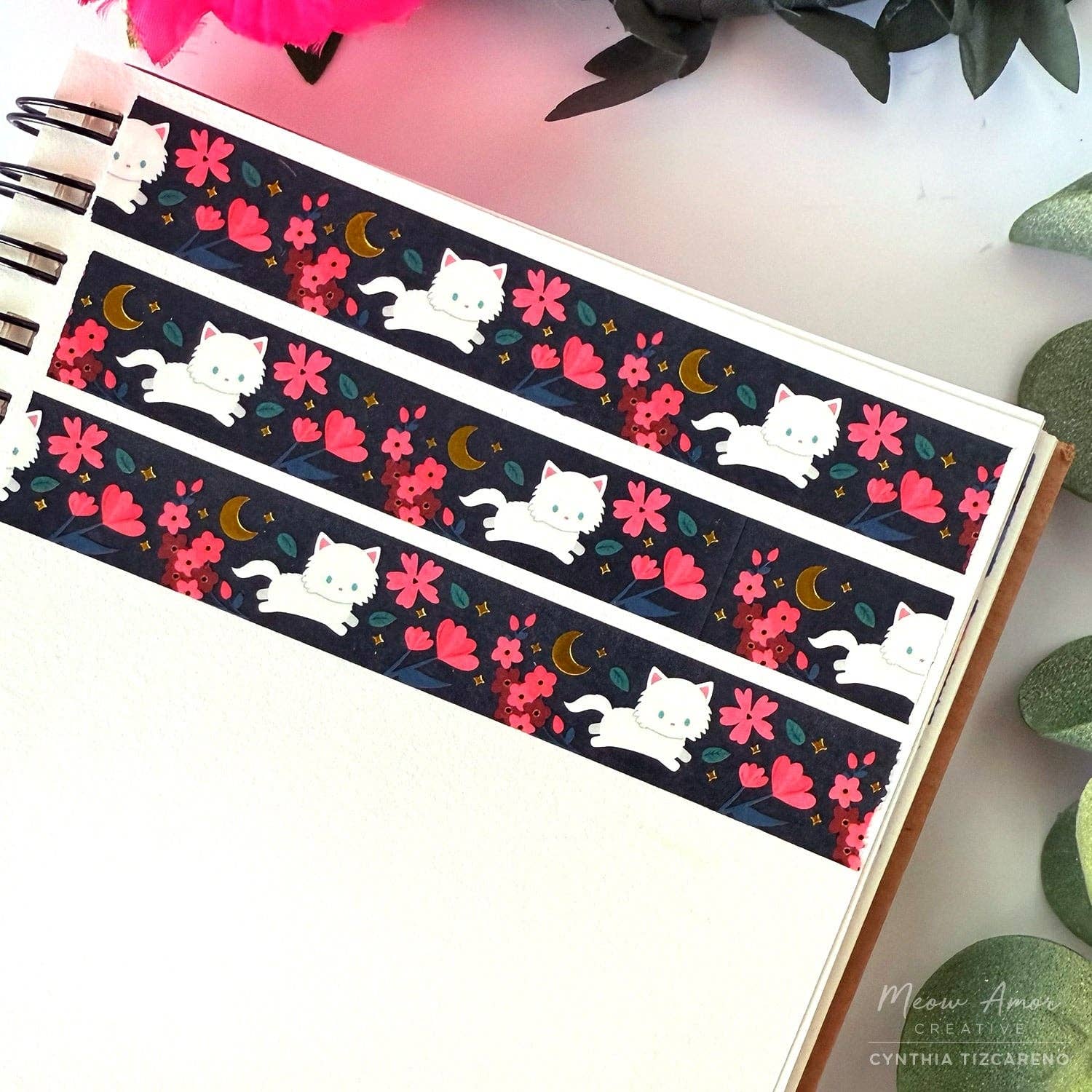 Floral Fluffy White Cat Gold Foil Washi Tape | Meow Amor Creative