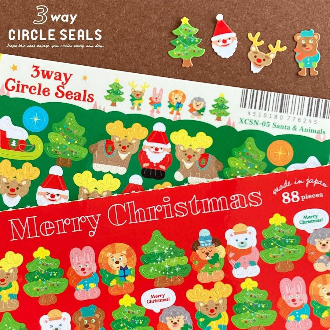 Santa and Animals 3-Way Circle Stickers | Ryu-Ryu