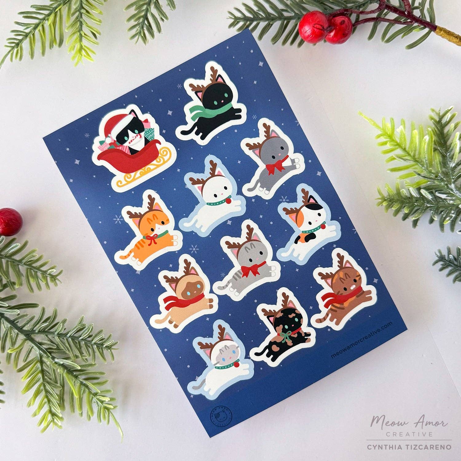 Reindeer Cats Vinyl Sticker Sheet by Meow Amor Creative | Papertail Fox