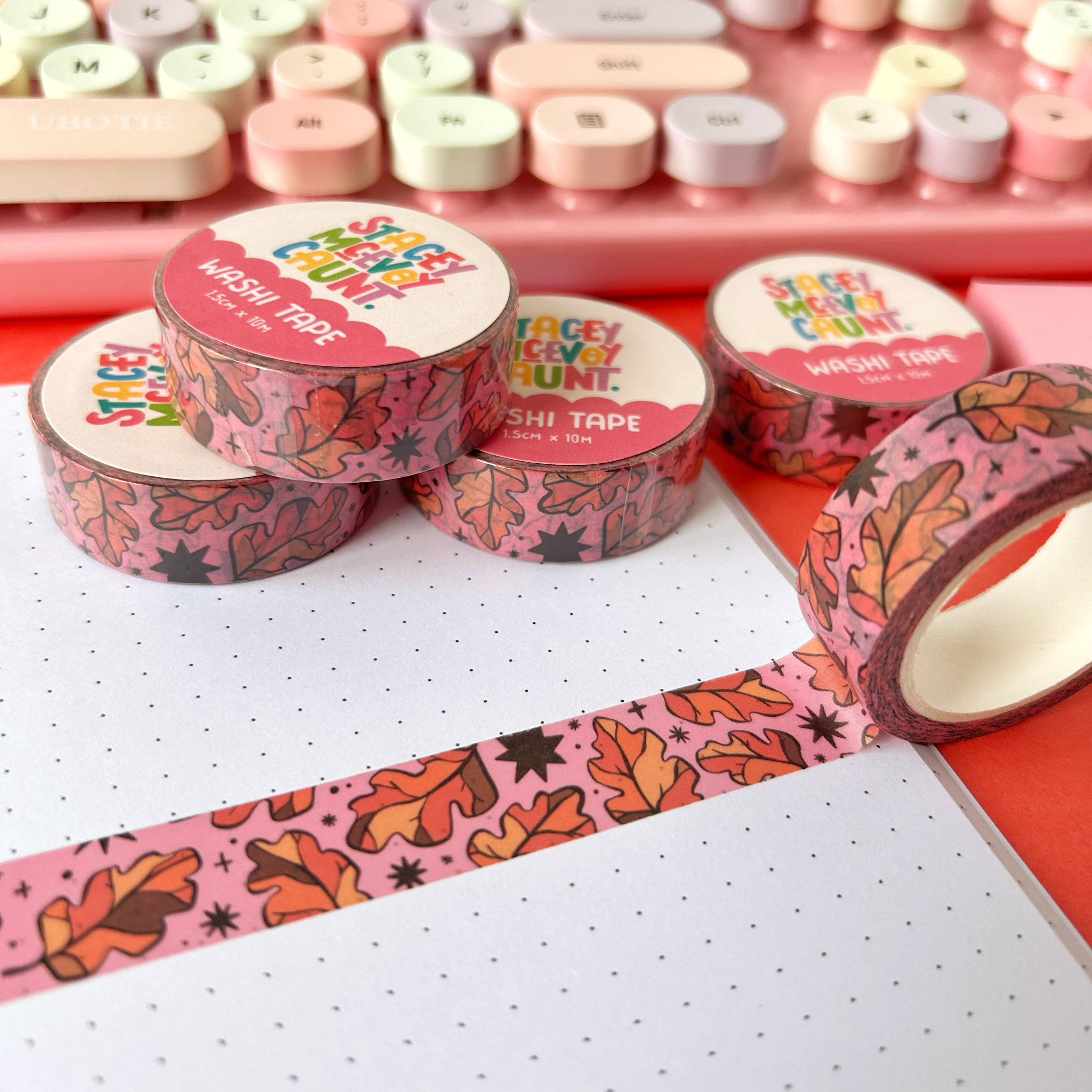 Autumn Leaves washi tape by Stacey McEvoy Caunt | orange oak leaves on pink | Papertail Fox