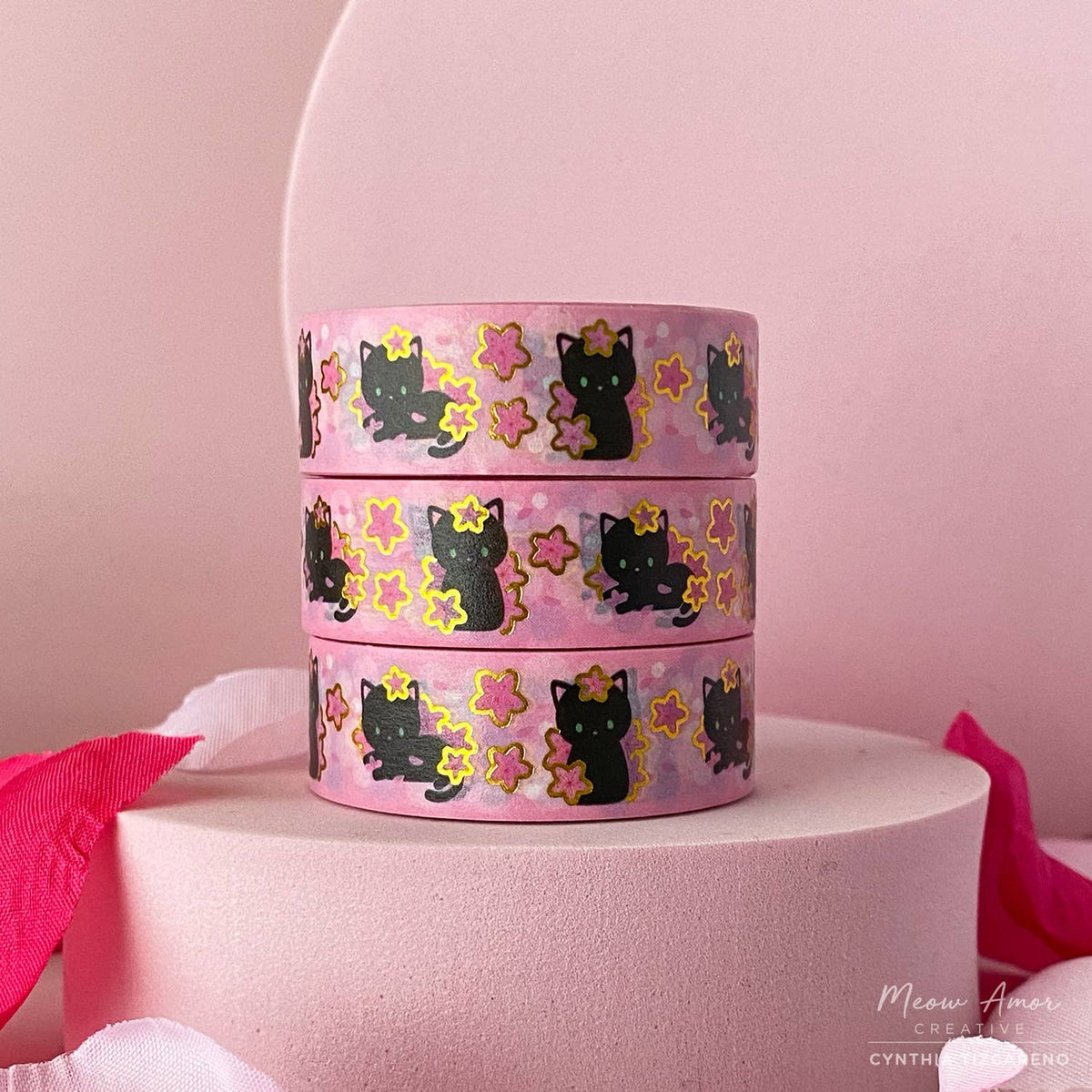 Cherry Blossom Black Cat Gold Foil Washi Tape | Meow Amor Creative