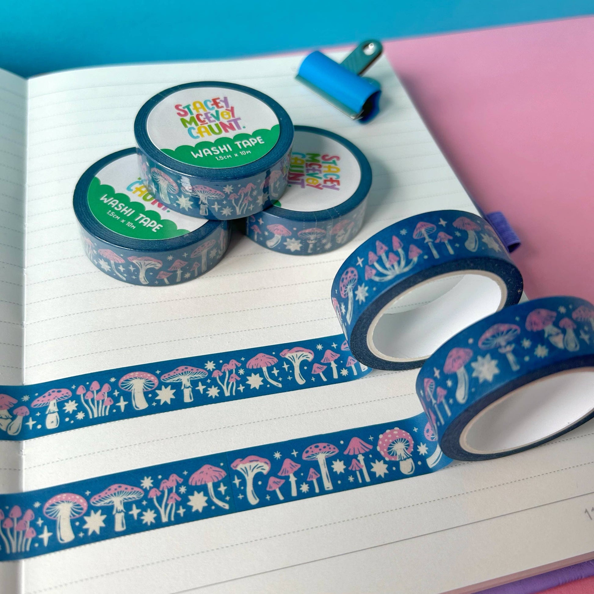 Pink and Blue Mushroom washi tape by Stacey McEvoy Caunt | pink and blue mushroom pattern | Papertail Fox