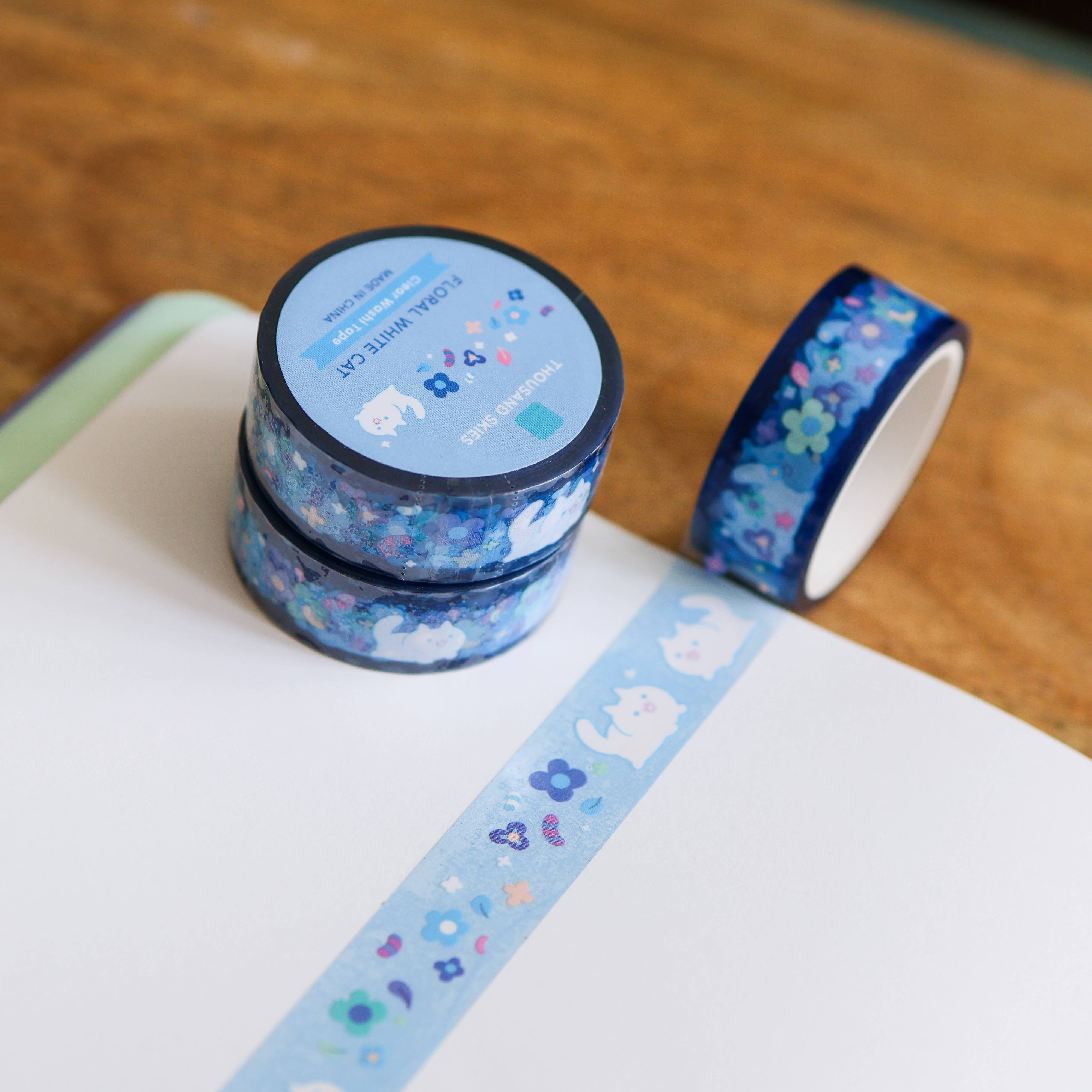 Floral White Cat Clear PET Tape by Thousand Skies | Papertail Fox