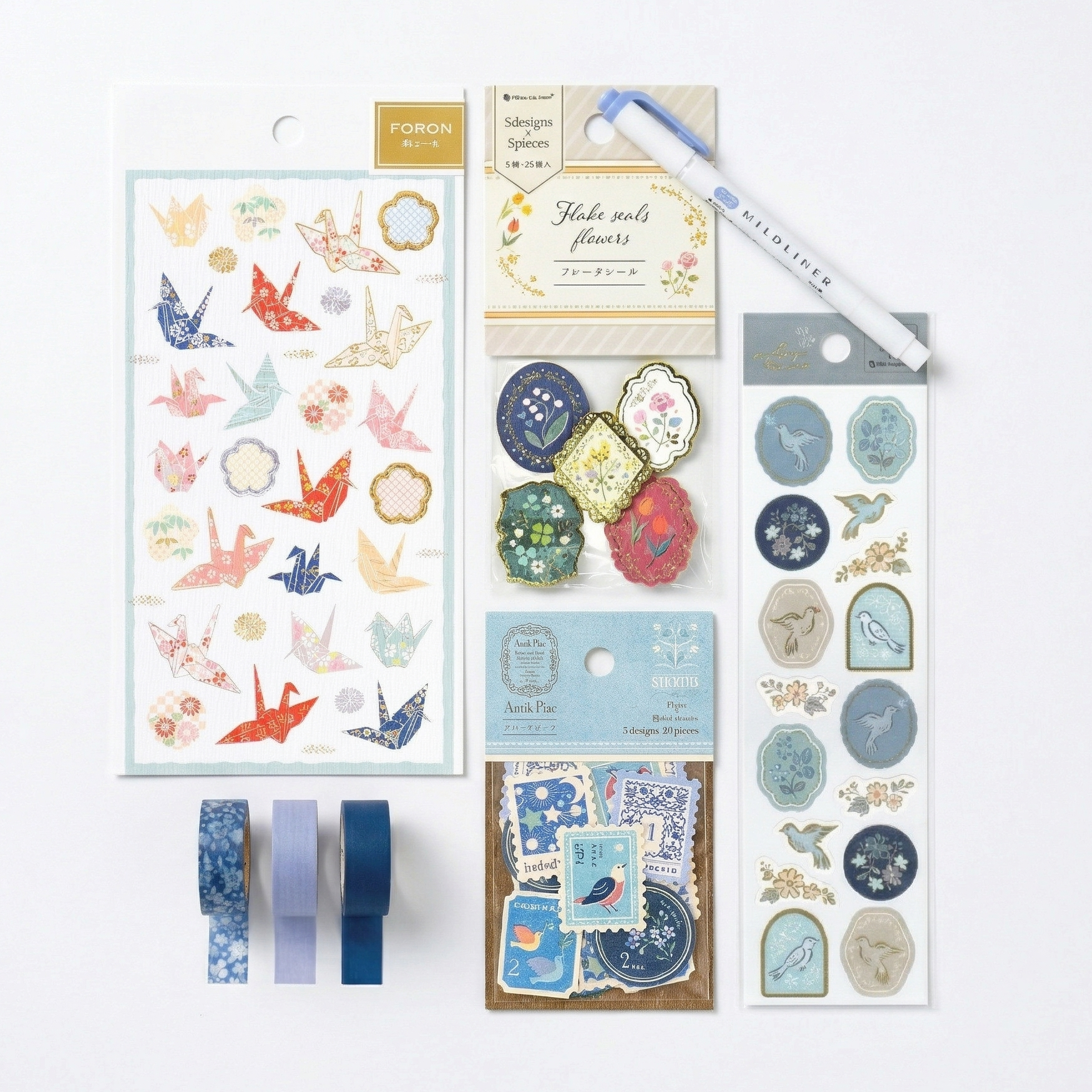 Twilight and origami blue stationery bundle by NB Co | Gold foiled crane stickers and indigo washi | Papertail Fox
