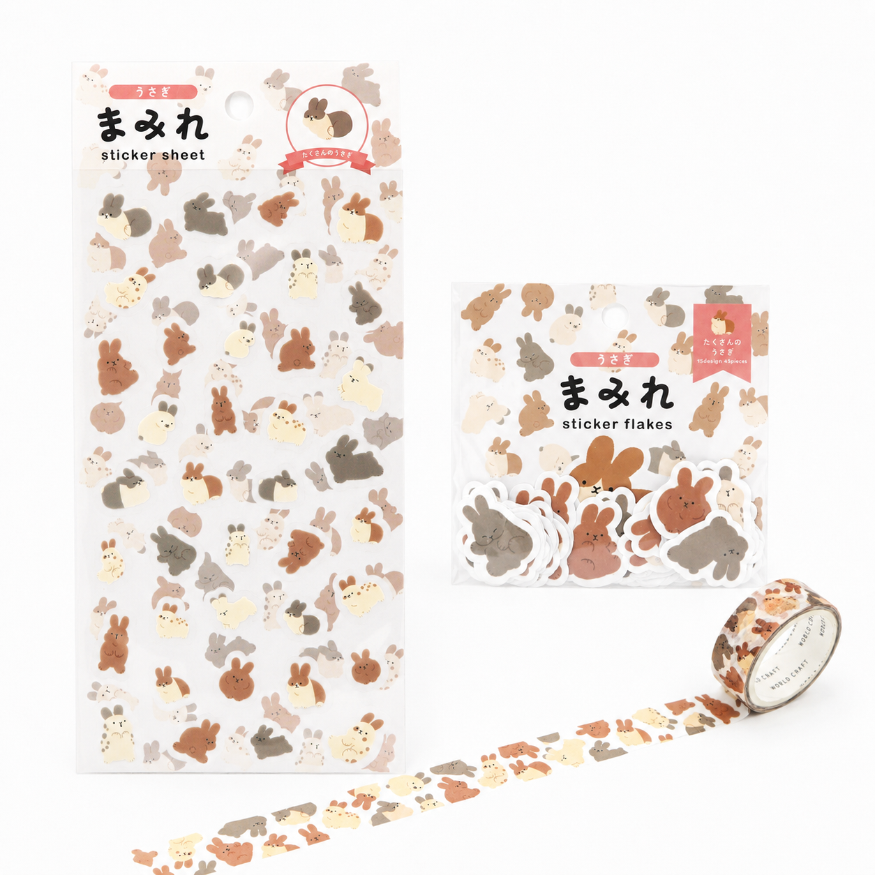 All Rabbits Mini Kit by World Craft, sticker sheet, washi flakes and washi tape together | Papertail Fox