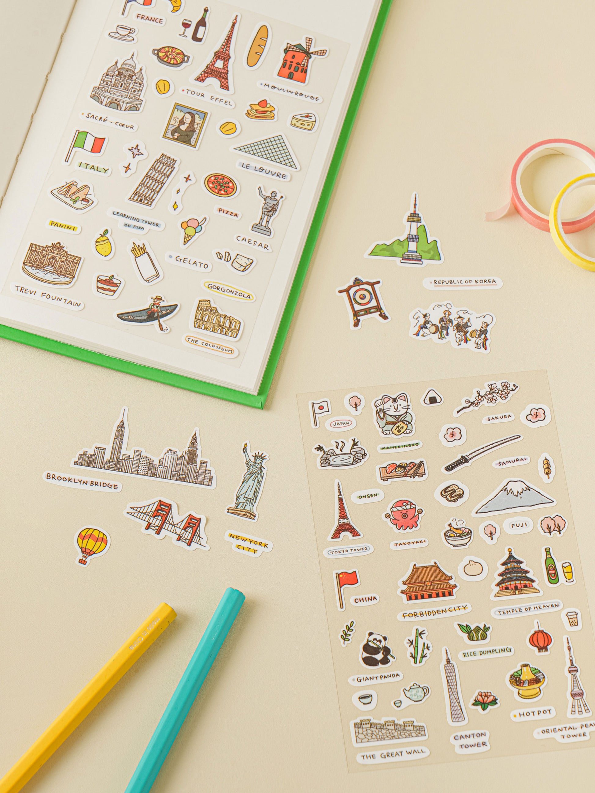 World Travel Landmark 4 Sheet Sticker Set by Daiso | Papertail Fox