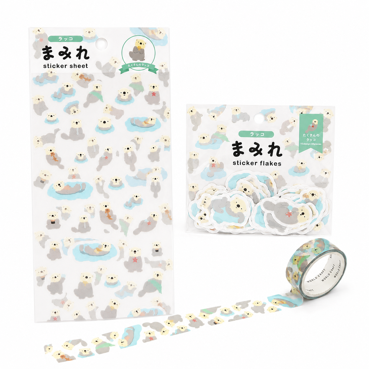 All Sea Otters Mini Kit by World Craft, sticker sheet, washi flakes and washi tape together | Papertail Fox