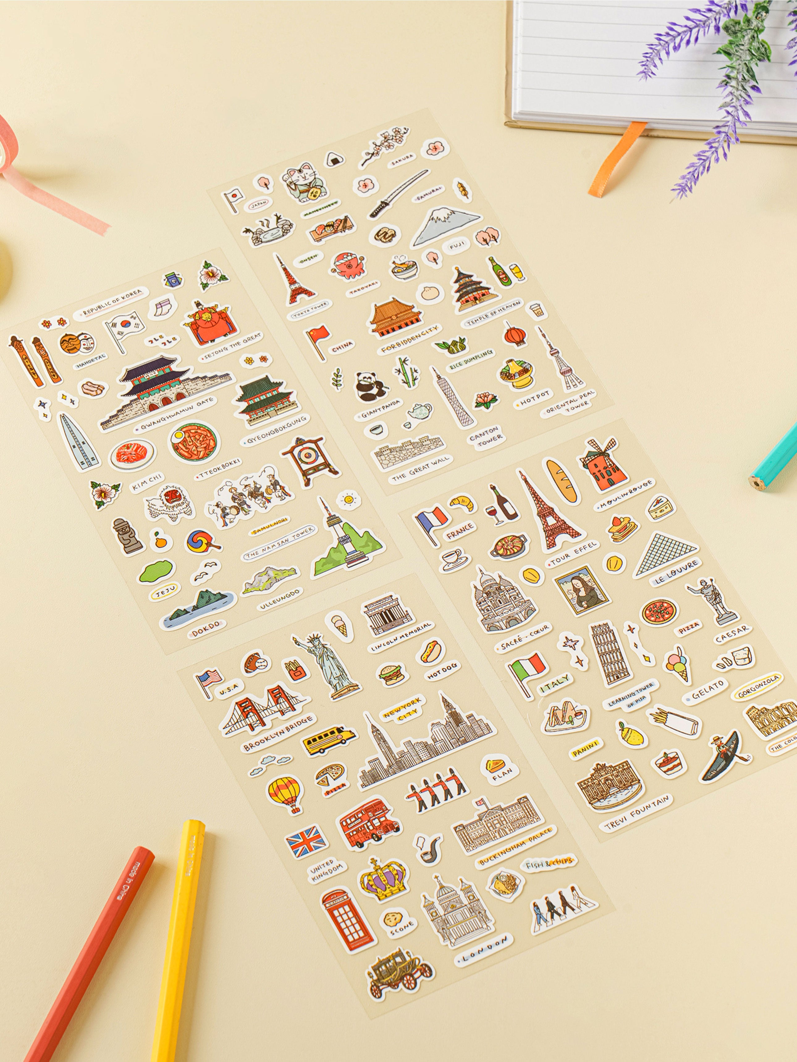 World Travel Landmark 4 Sheet Sticker Set by Daiso | Papertail Fox