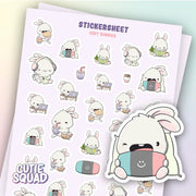 CutieSquad Cozy Bunnies matte vinyl sticker sheet featuring bunnies with blankets mugs and books