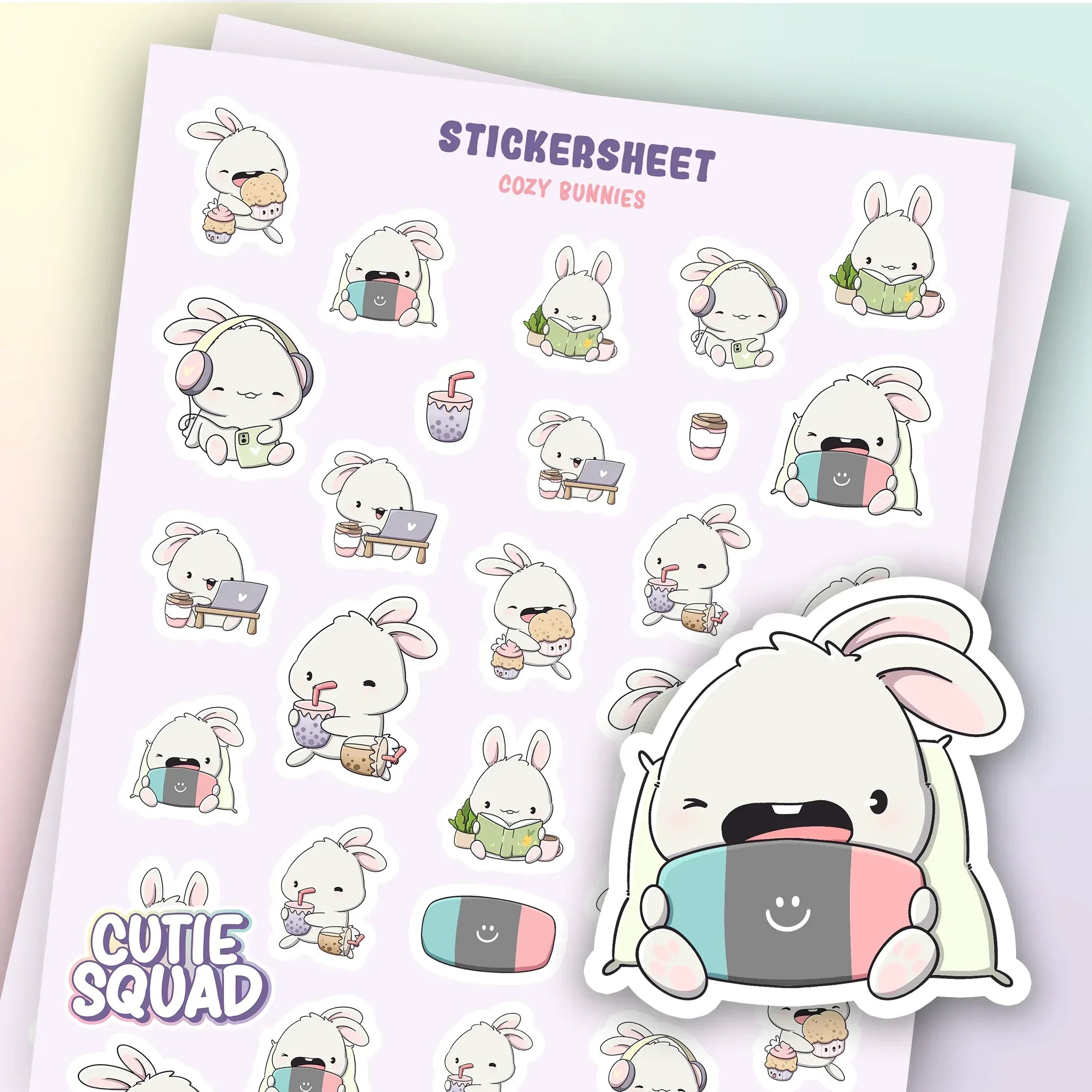 CutieSquad Cozy Bunnies matte vinyl sticker sheet featuring bunnies with blankets mugs and books