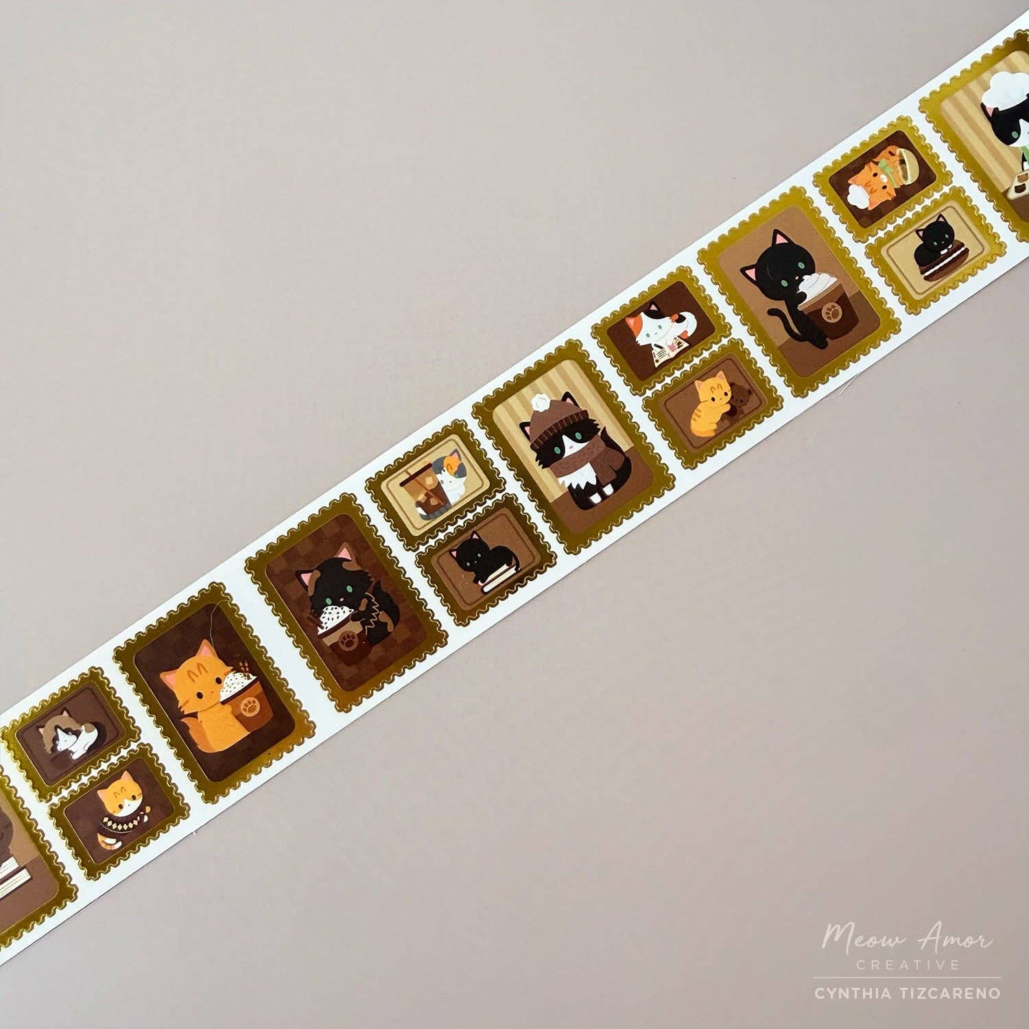 Coffee Cat Stamp Gold Foil Vinyl Tape