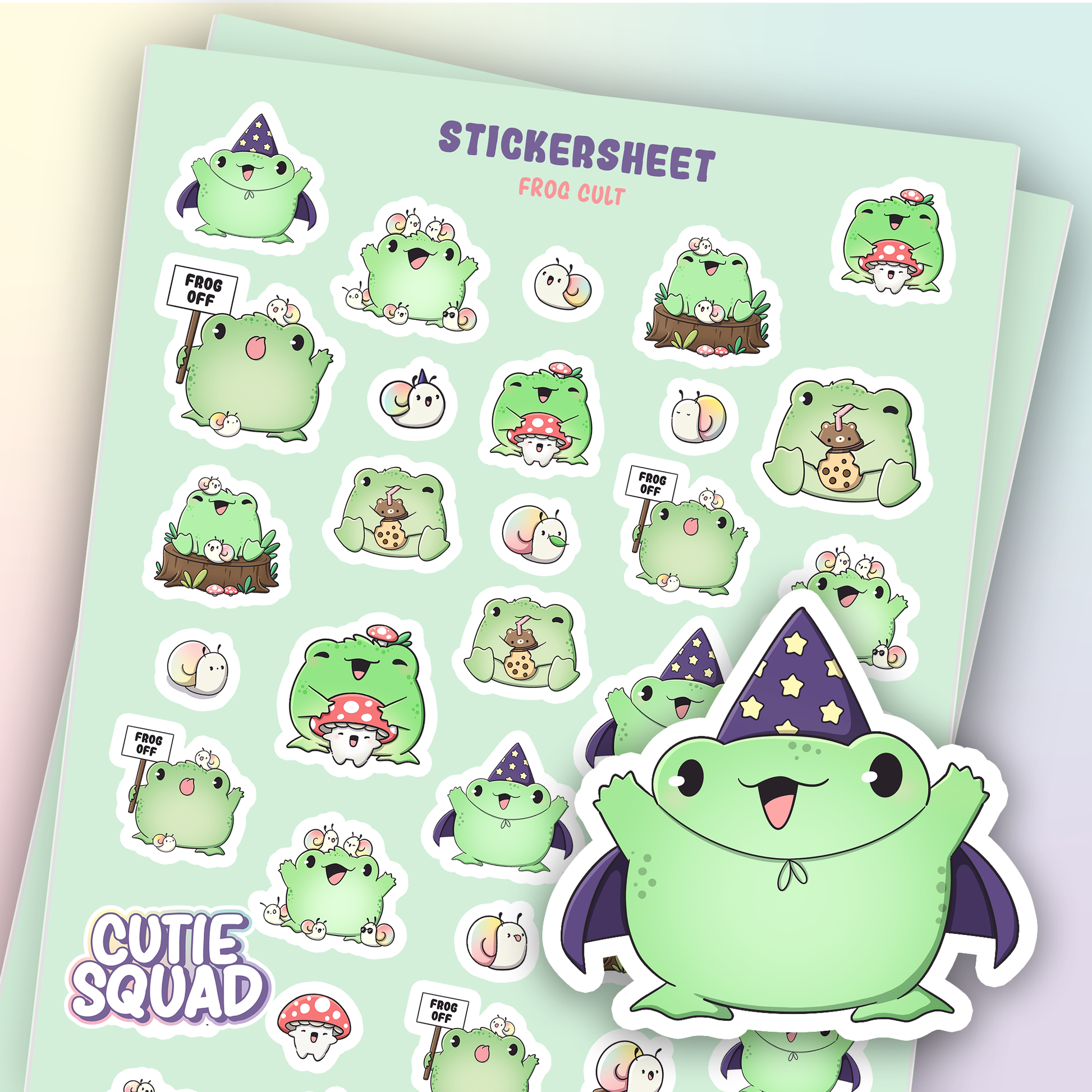 CutieSquad Frog Cult matte vinyl sticker sheet featuring frogs in hooded robes with candles and ritual items