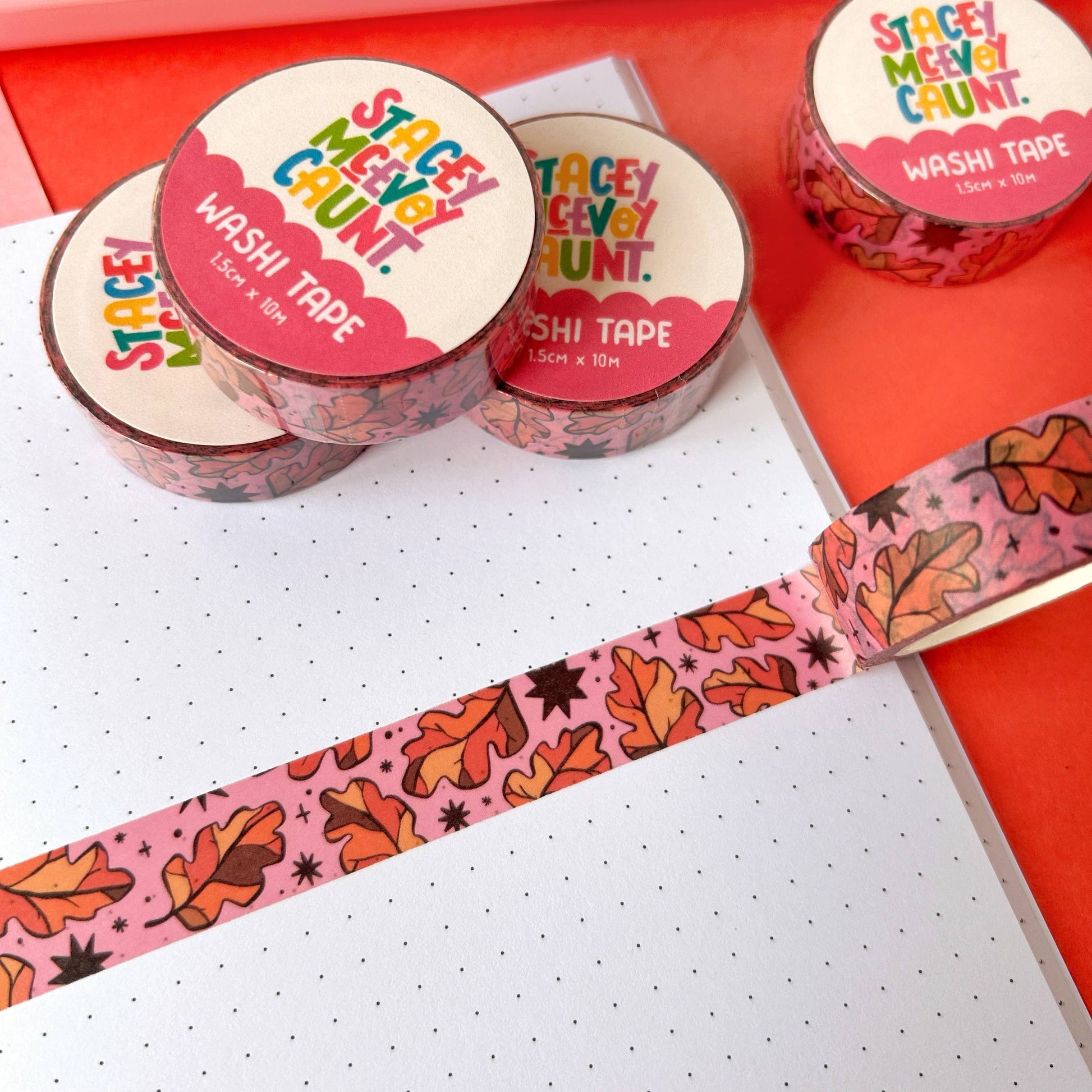 Autumn Leaves washi tape by Stacey McEvoy Caunt | orange oak leaves on pink | Papertail Fox