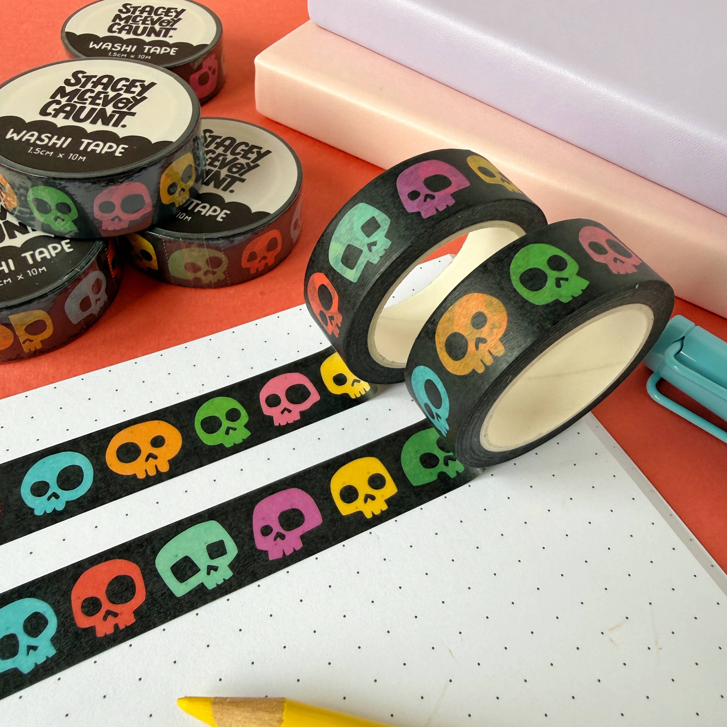Rainbow Skulls washi tape by Stacey McEvoy Caunt | rainbow-colored skull pattern | Papertail Fox