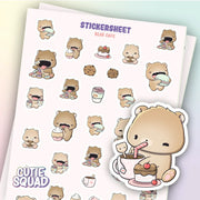 CutieSquad Bear Cafe matte vinyl sticker sheet featuring bears in a cafe setting with pastries and drinks