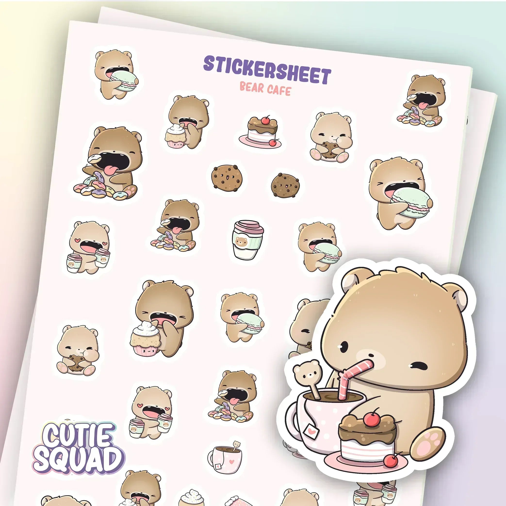 CutieSquad Bear Cafe matte vinyl sticker sheet featuring bears in a cafe setting with pastries and drinks