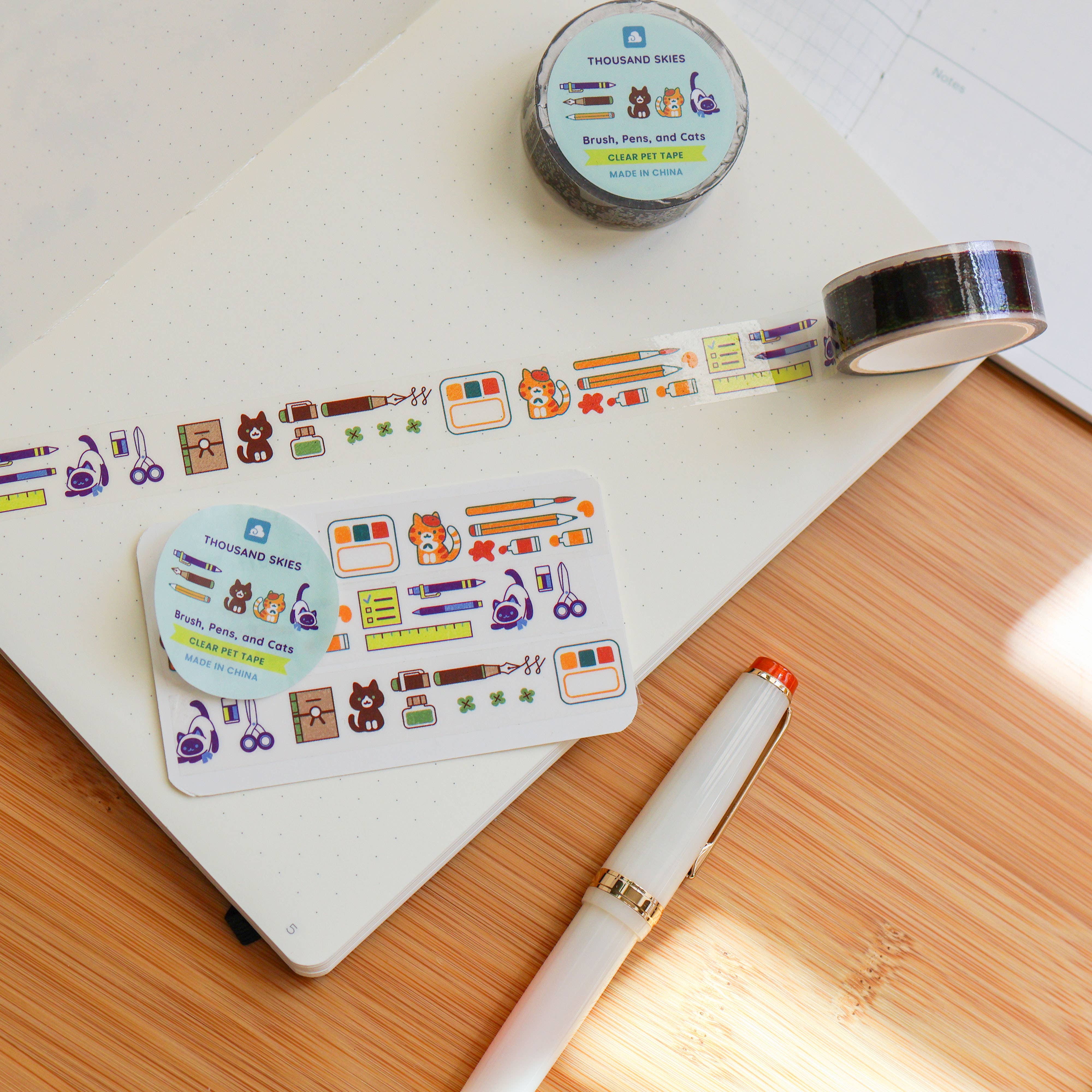 Brush, Pens, and Cats Clear PET Tape by Thousand Skies | Papertail Fox