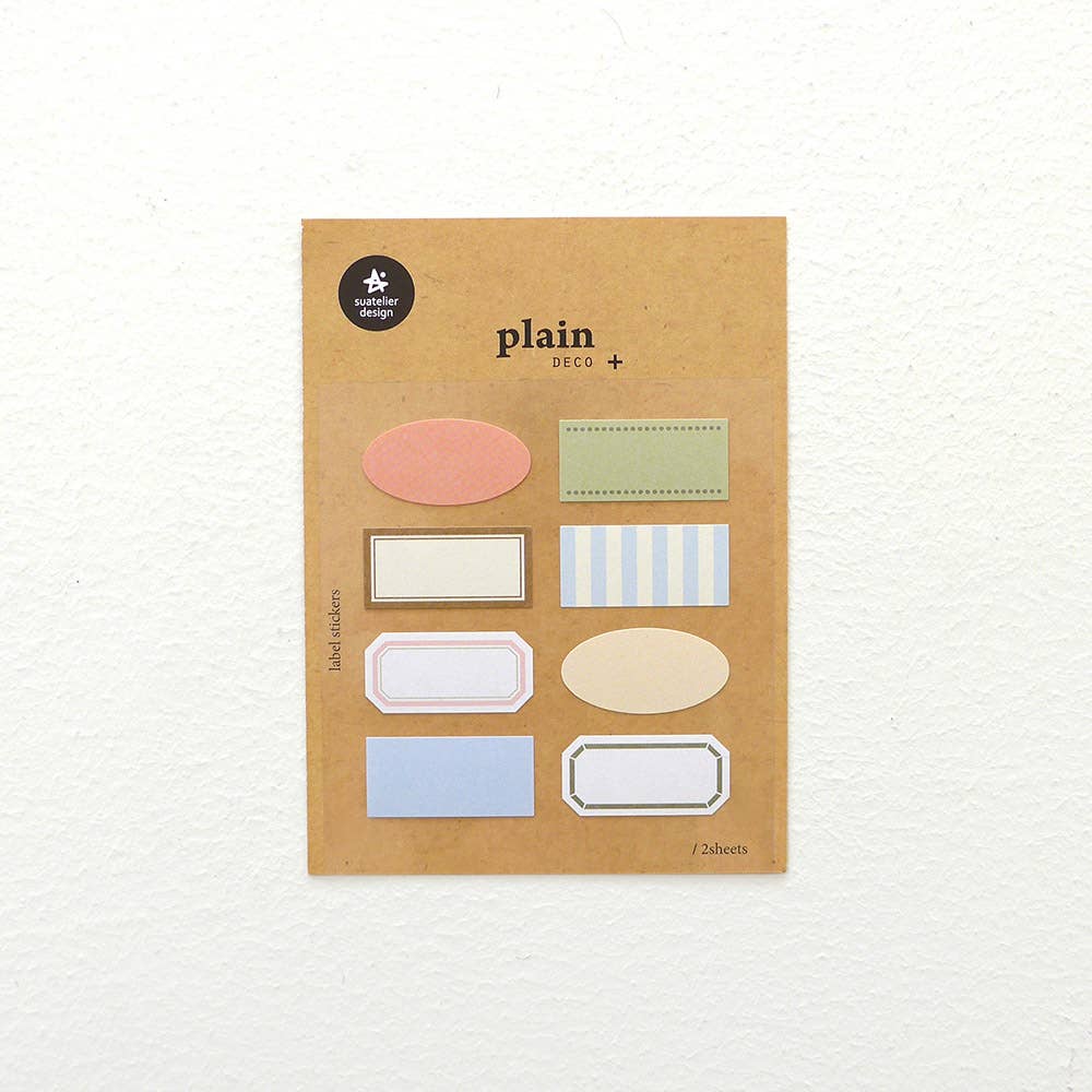 Suatelier Plain.75 pastel label stickers in oval, rectangle, and hexagon shapes in soft colors on kraft paper backing, 2 sheets, made in South Korea