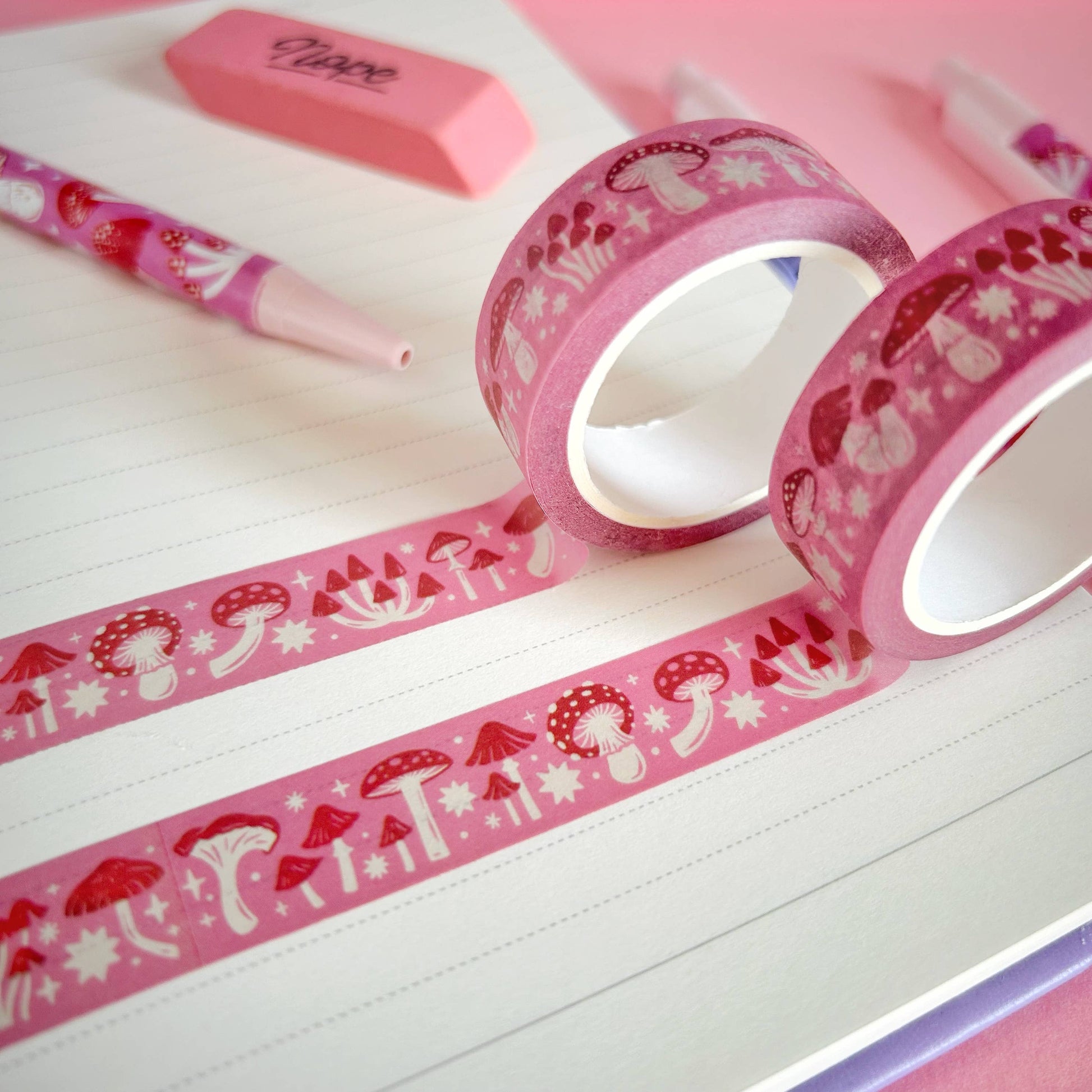 Pink and Red Mushroom washi tape by Stacey McEvoy Caunt | pink and red mushroom pattern | Papertail Fox
