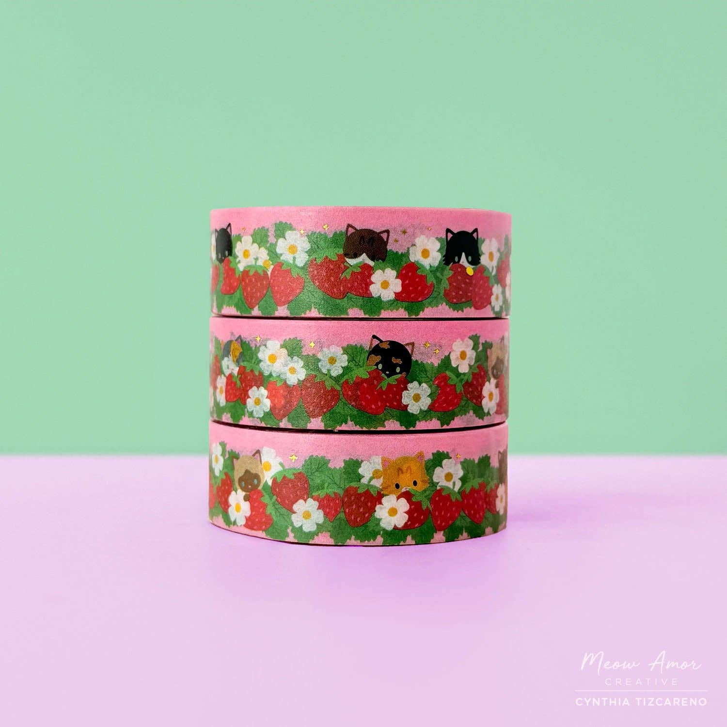 Strawberry Field Cats Gold Foil Washi Tape by Meow Amor Creative | Papertail Fox