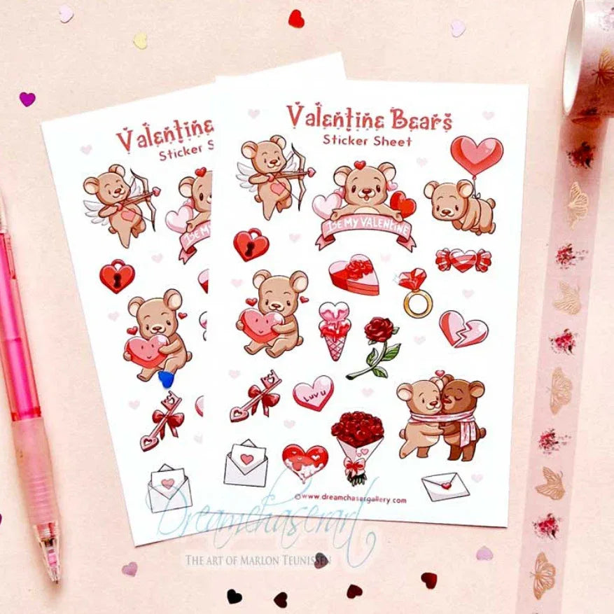 Valentine Bears Sticker Sheet | Dreamchaserart - Papertail Fox