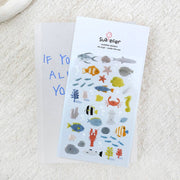 Suatelier Under the Sea epoxy marine life sticker sheet with raised glossy clownfish, sharks, crab, lobster, seahorse, jellyfish, squid, and coral, made in South Korea