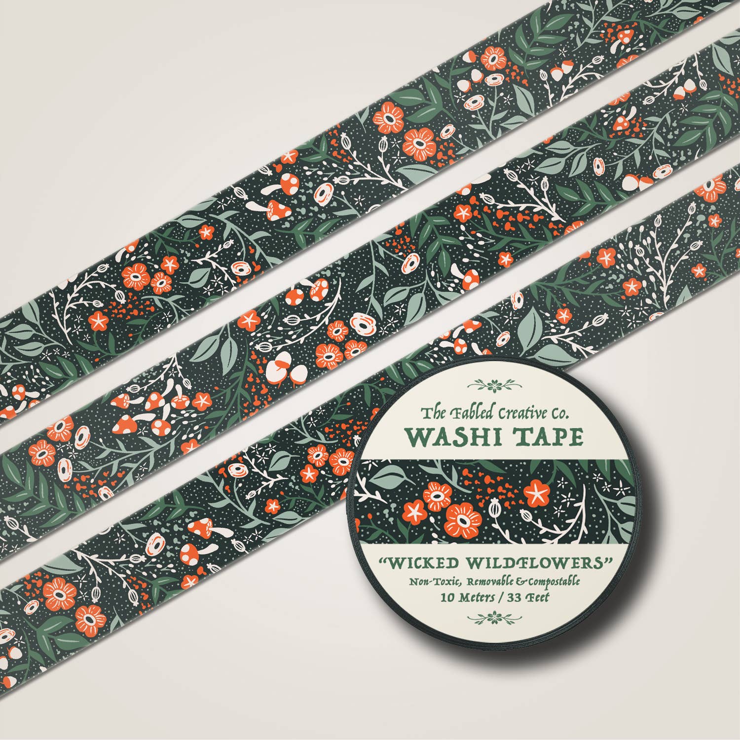 Wicked Wildflowers Washi Tape - Emerald | The Fabled Creative Co.