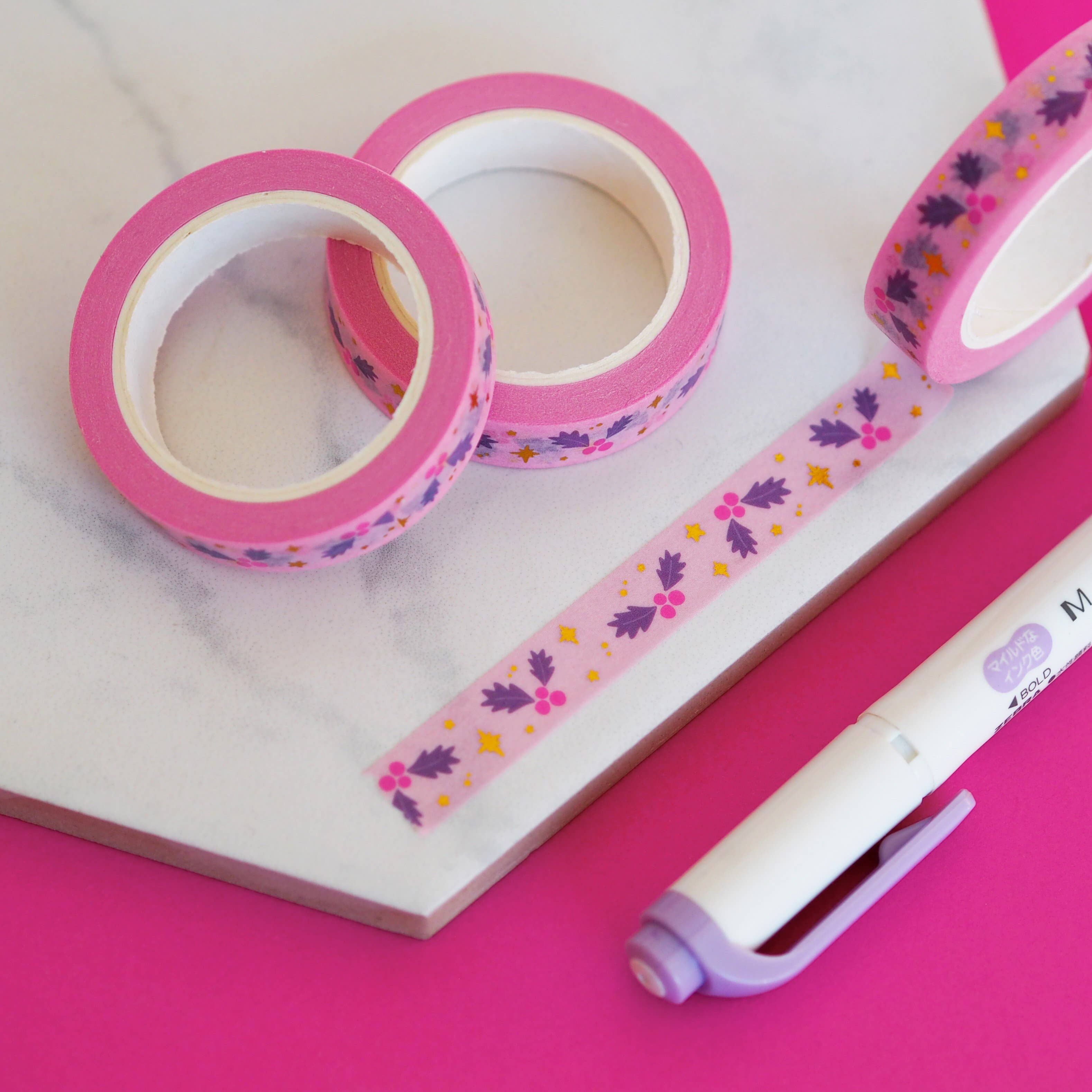 Pink Holly Christmas Gold Foil Washi Tape | Nutmeg and Arlo
