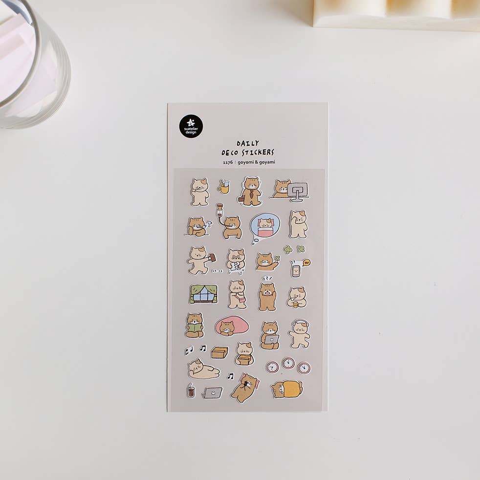 Suatelier Goyomi and Goyami shiba inu deco sticker sheet with illustrated shiba dog characters doing daily activities like basketball, camping, cooking, and listening to music, made in South Korea