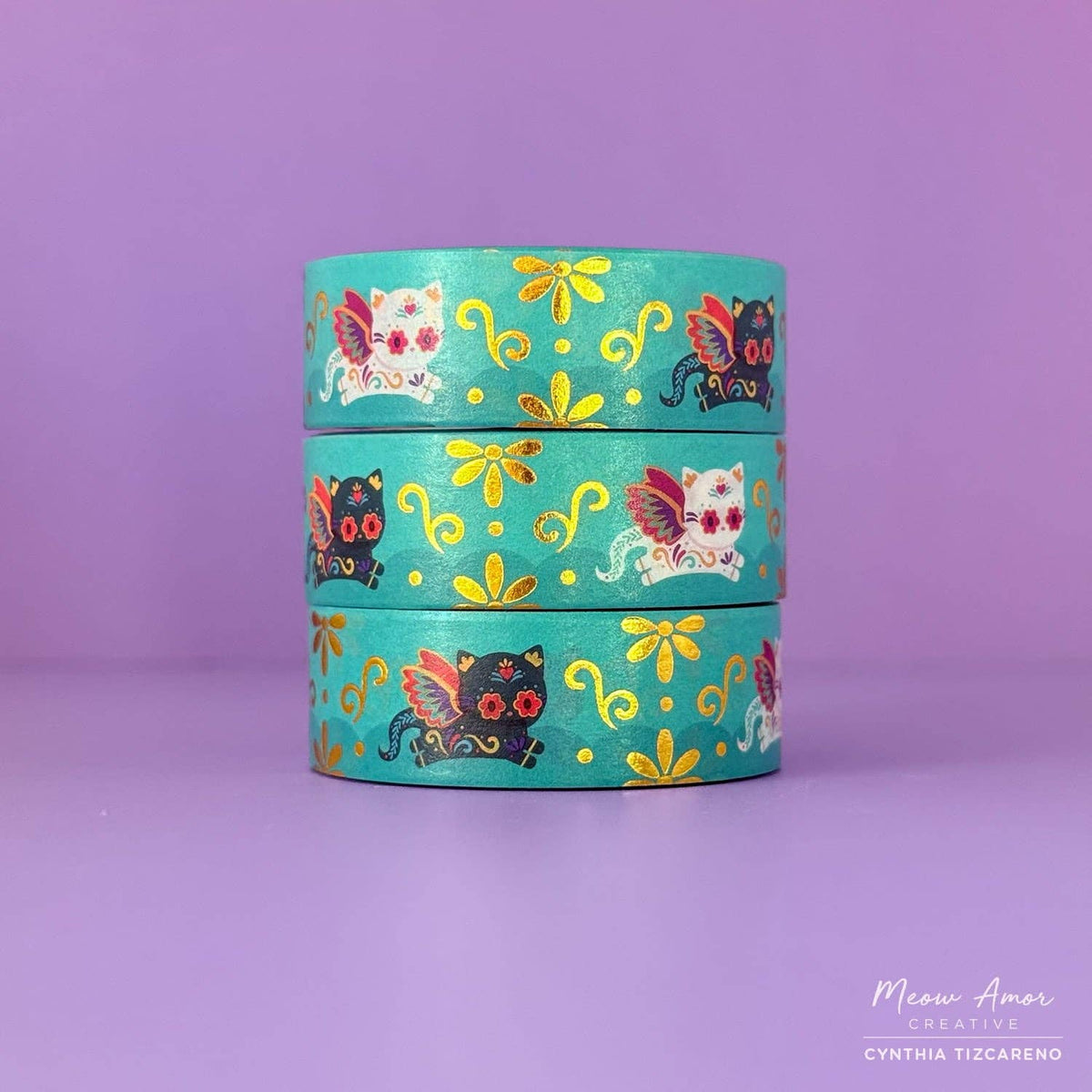 Alebrije Cats Teal Gold Foil Washi Tape by Meow Amor Creative | Papertail Fox