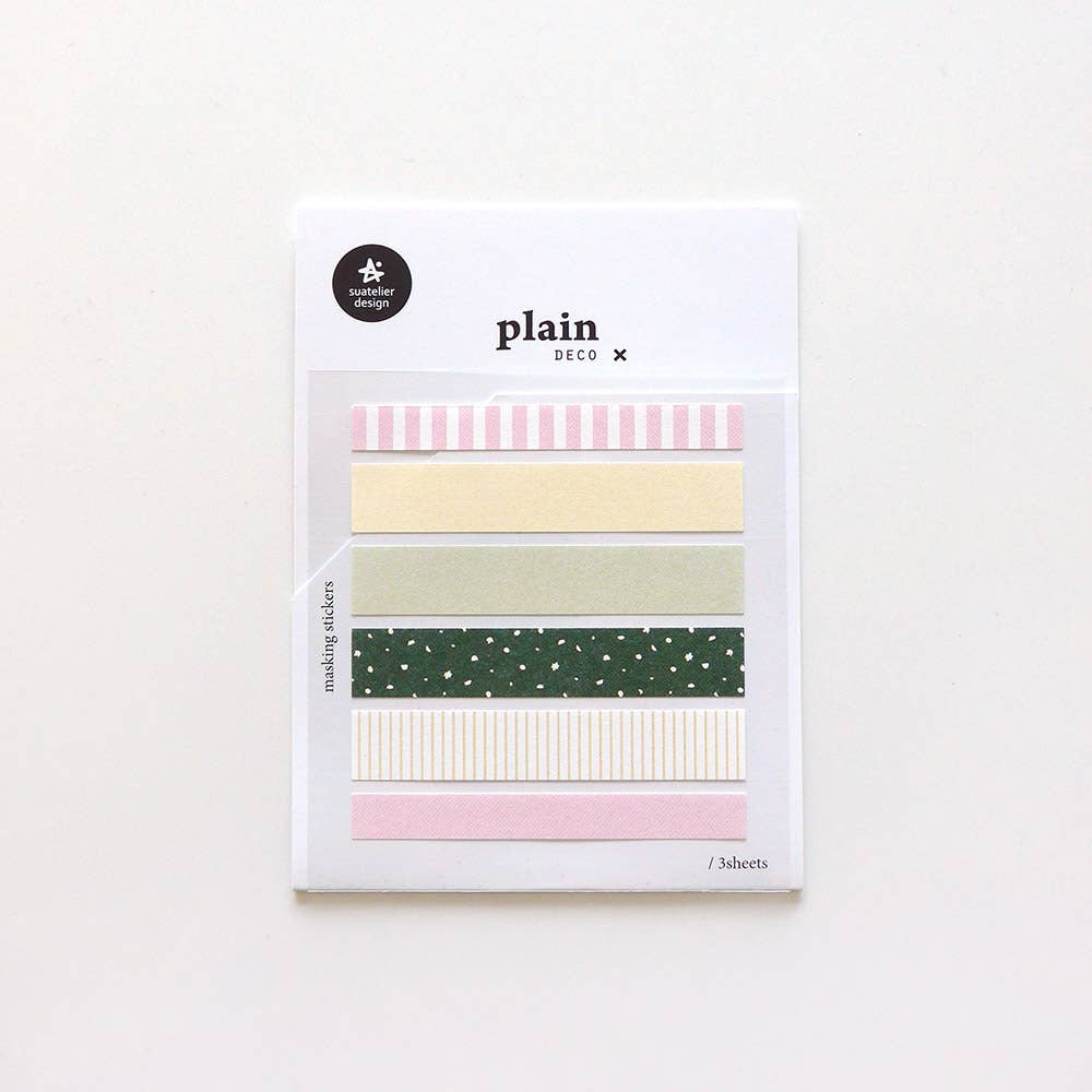 Suatelier Plain.69 spring garden washi sticker strips in pink, yellow, sage green, and dark green patterns, 3 sheets, made in South Korea