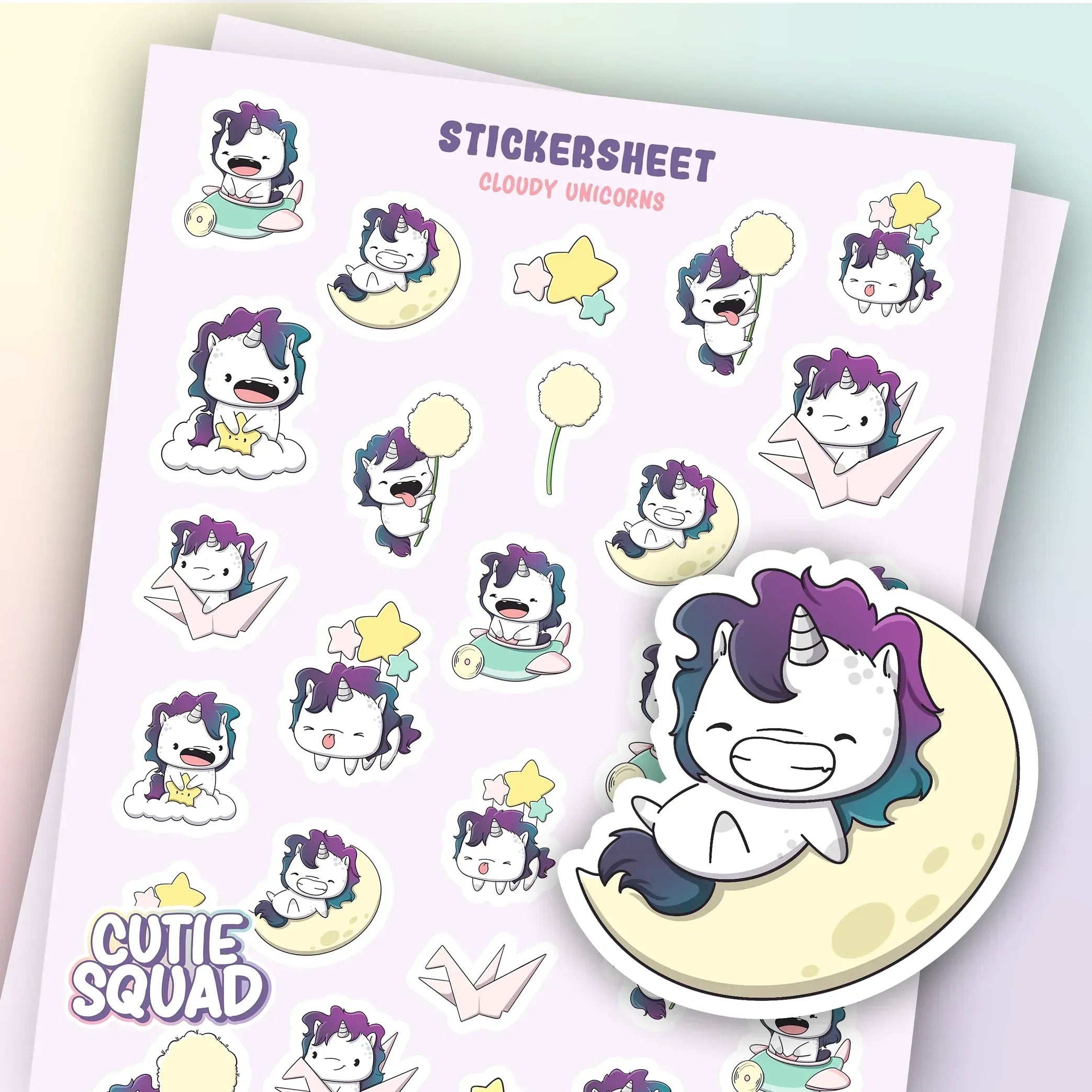 CutieSquad Cloudy Unicorns matte vinyl sticker sheet featuring small unicorns with pastel clouds