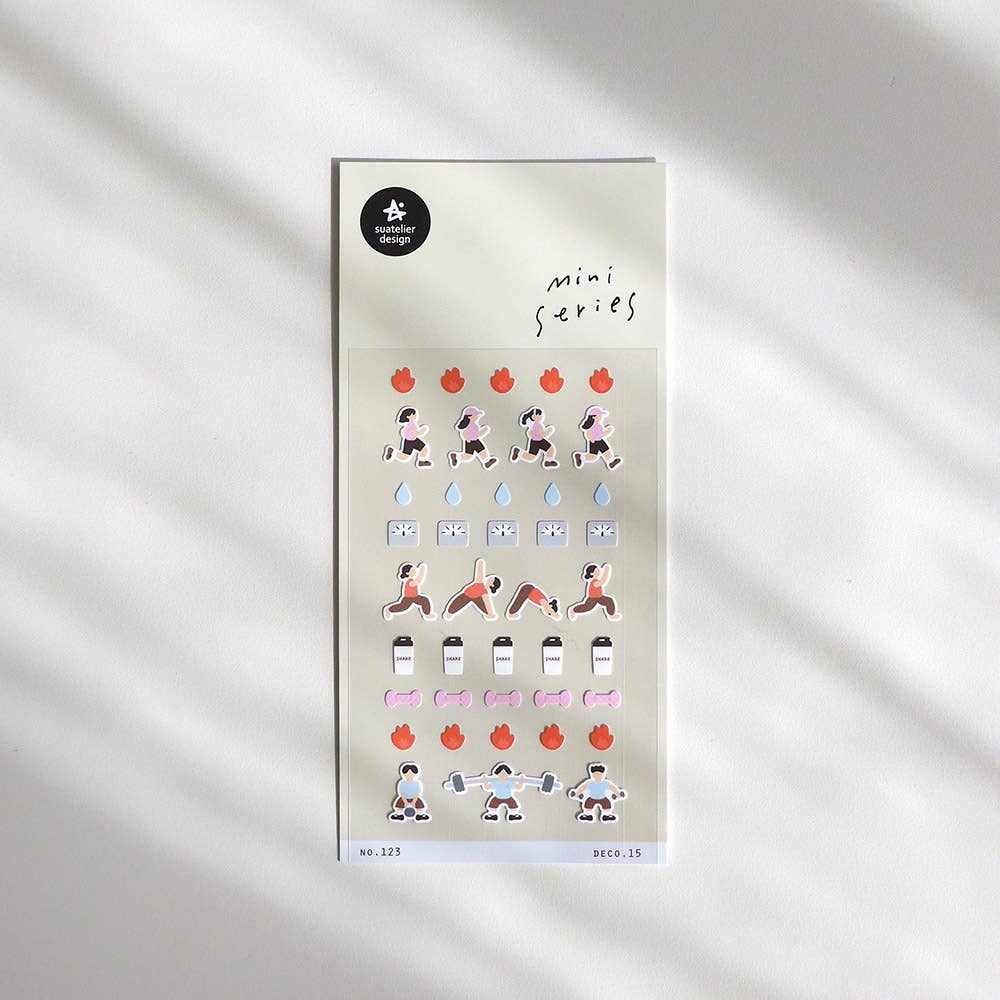 Suatelier Deco.15 fitness and exercise mini sticker sheet with rows of runners, yoga poses, water drops, scales, protein shakes, dumbbells, and fire calorie icons, made in South Korea