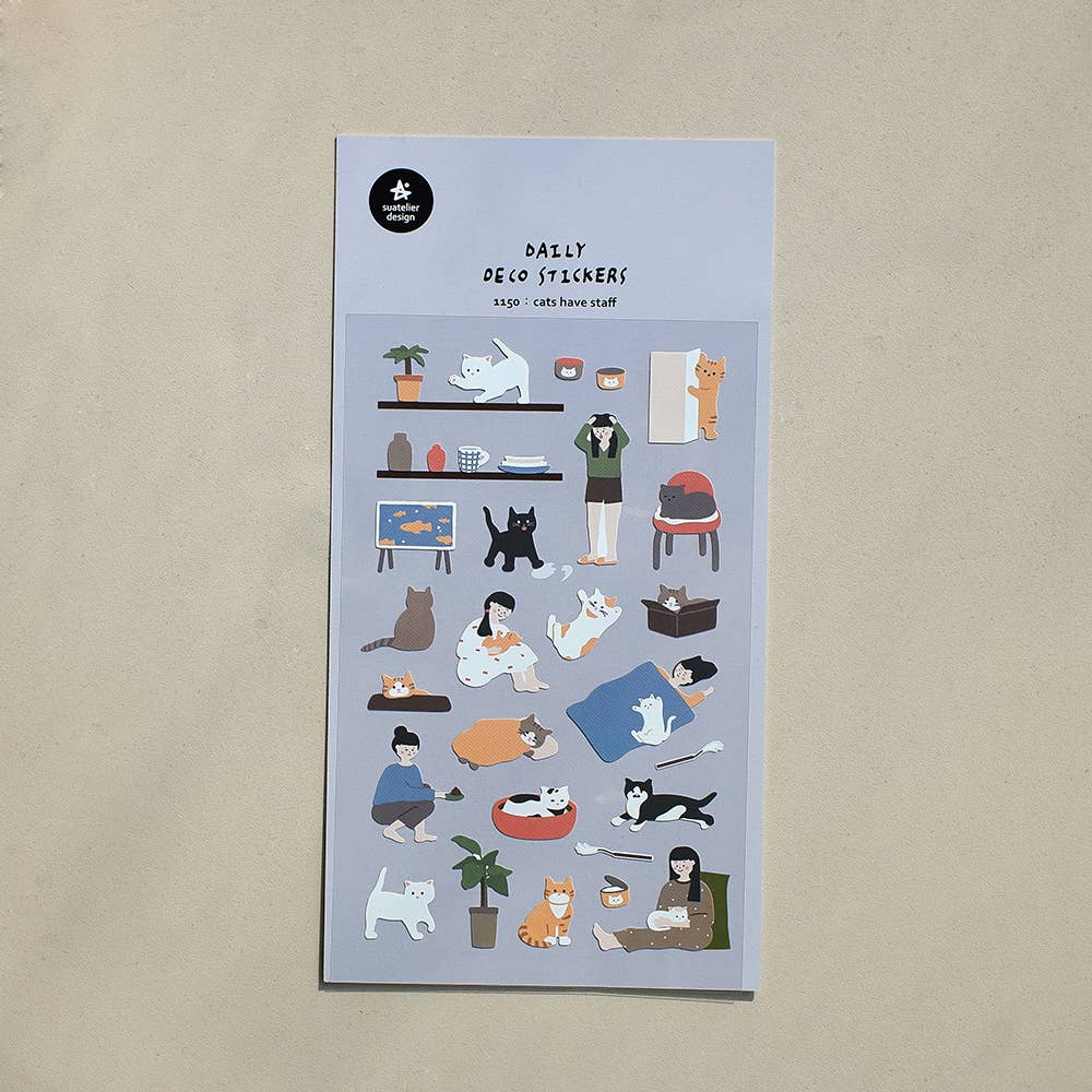 Suatelier Cats Have Staff deco sticker sheet with illustrated cats climbing on furniture, sitting on humans, and bossing around their owners on grey background, made in South Korea