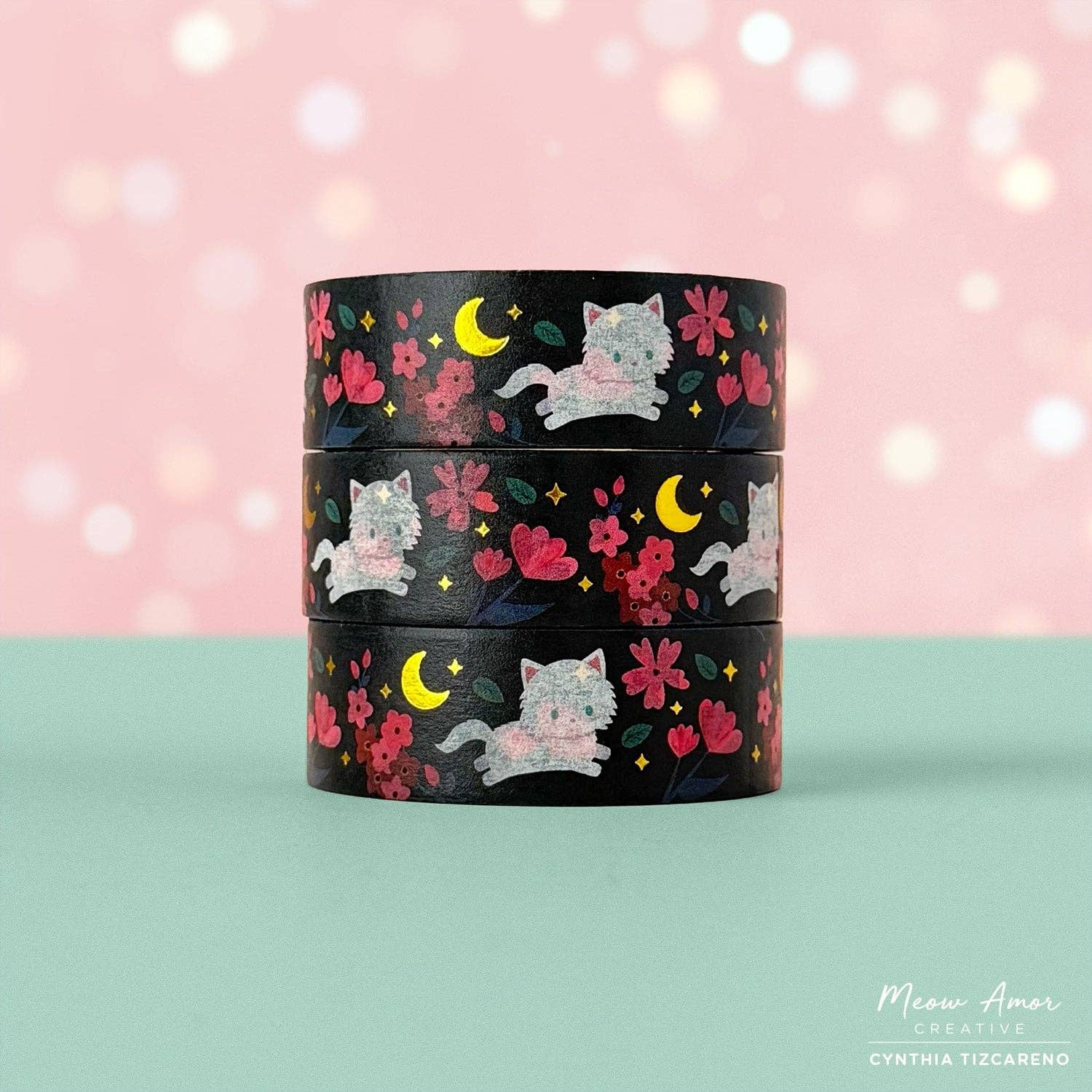 Floral Fluffy White Cat Gold Foil Washi Tape by Meow Amor Creative | Papertail Fox