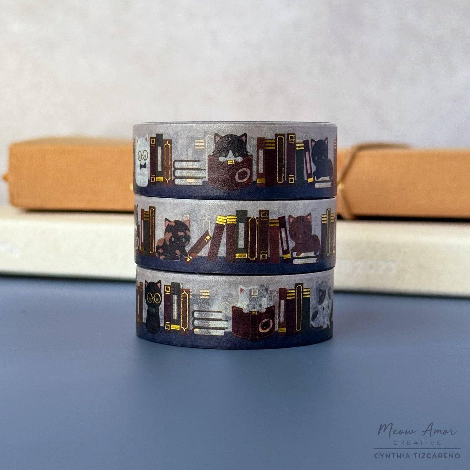 Book Cats Gold Foil Washi Tape | Meow Amor Creative
