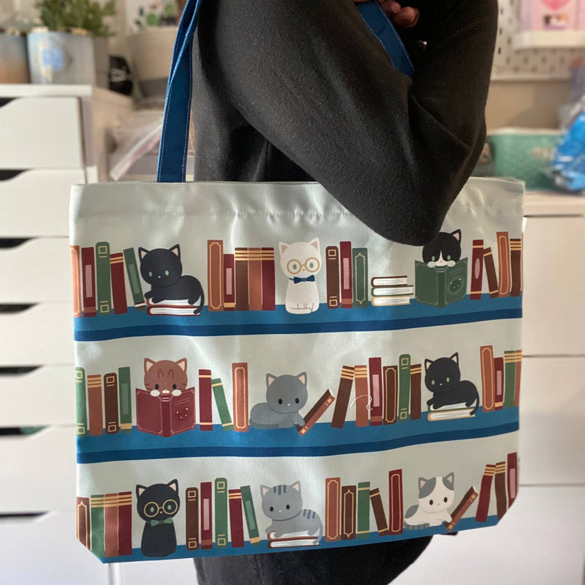 Book Cats Zipper Canvas Tote Bag | Meow Amor Creative