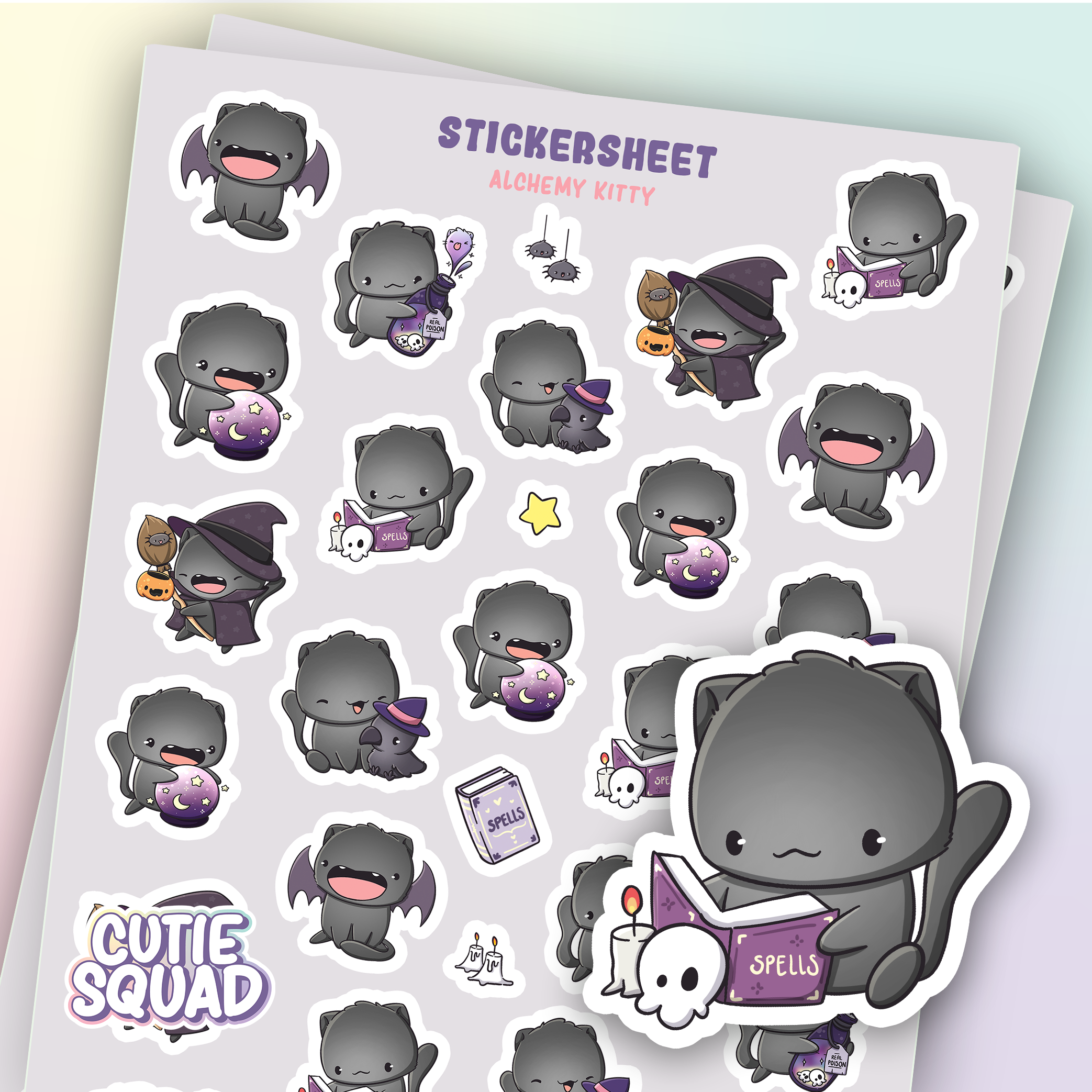 CutieSquad Alchemy Kitty matte vinyl sticker sheet featuring witchy cats with potion bottles and spell books