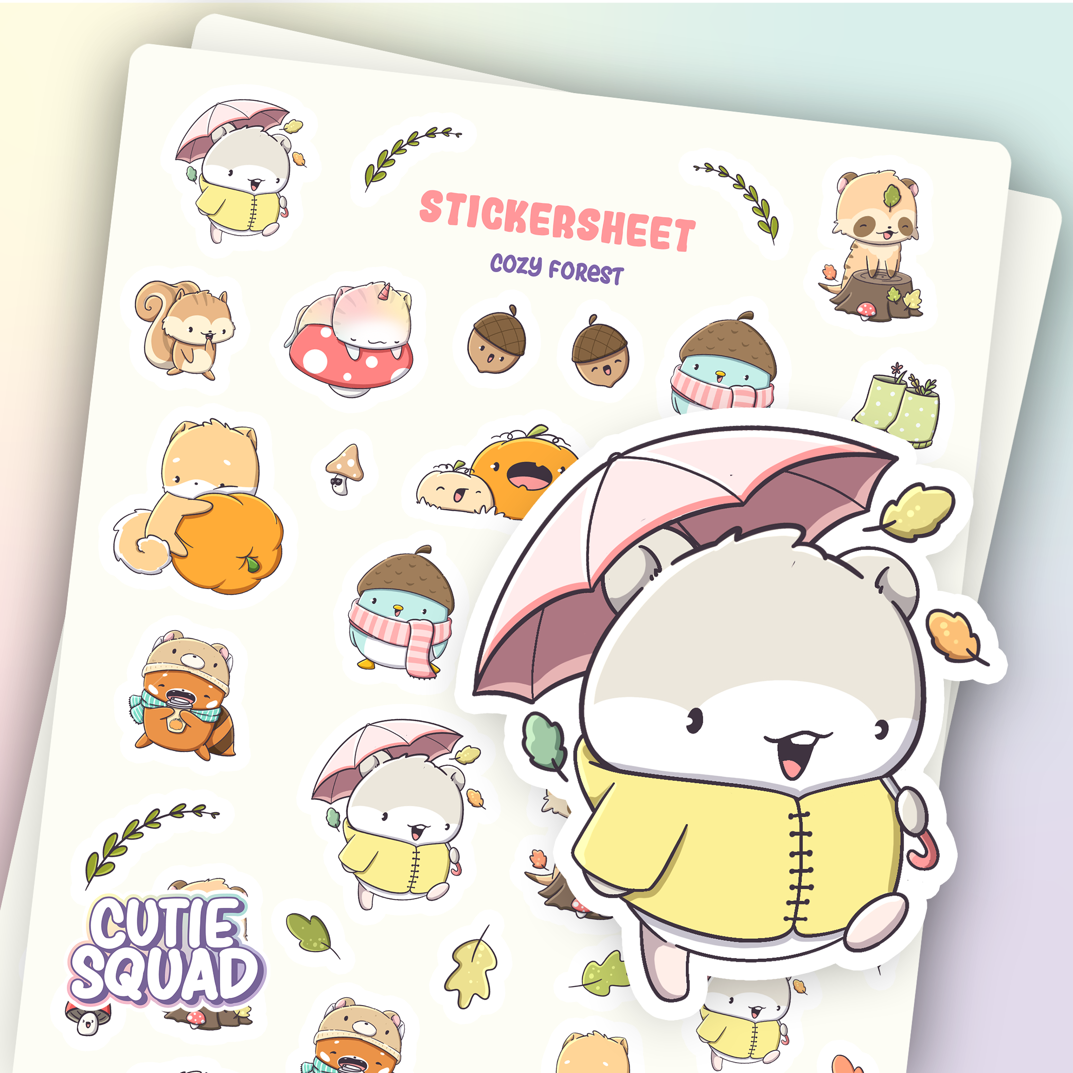 CutieSquad Cozy Forest matte vinyl sticker sheet featuring forest animals in warm autumn tones