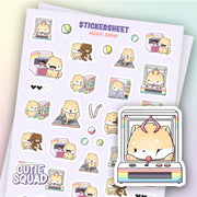 CutieSquad Arcade Shibas matte vinyl sticker sheet featuring shibas playing retro arcade games