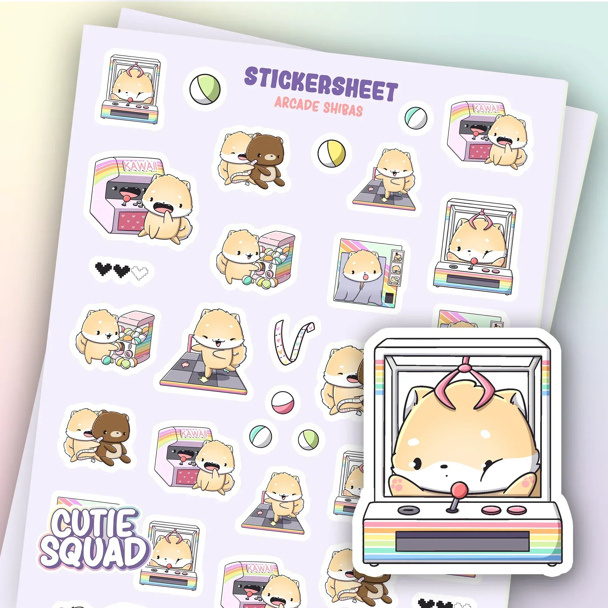 CutieSquad Arcade Shibas matte vinyl sticker sheet featuring shibas playing retro arcade games
