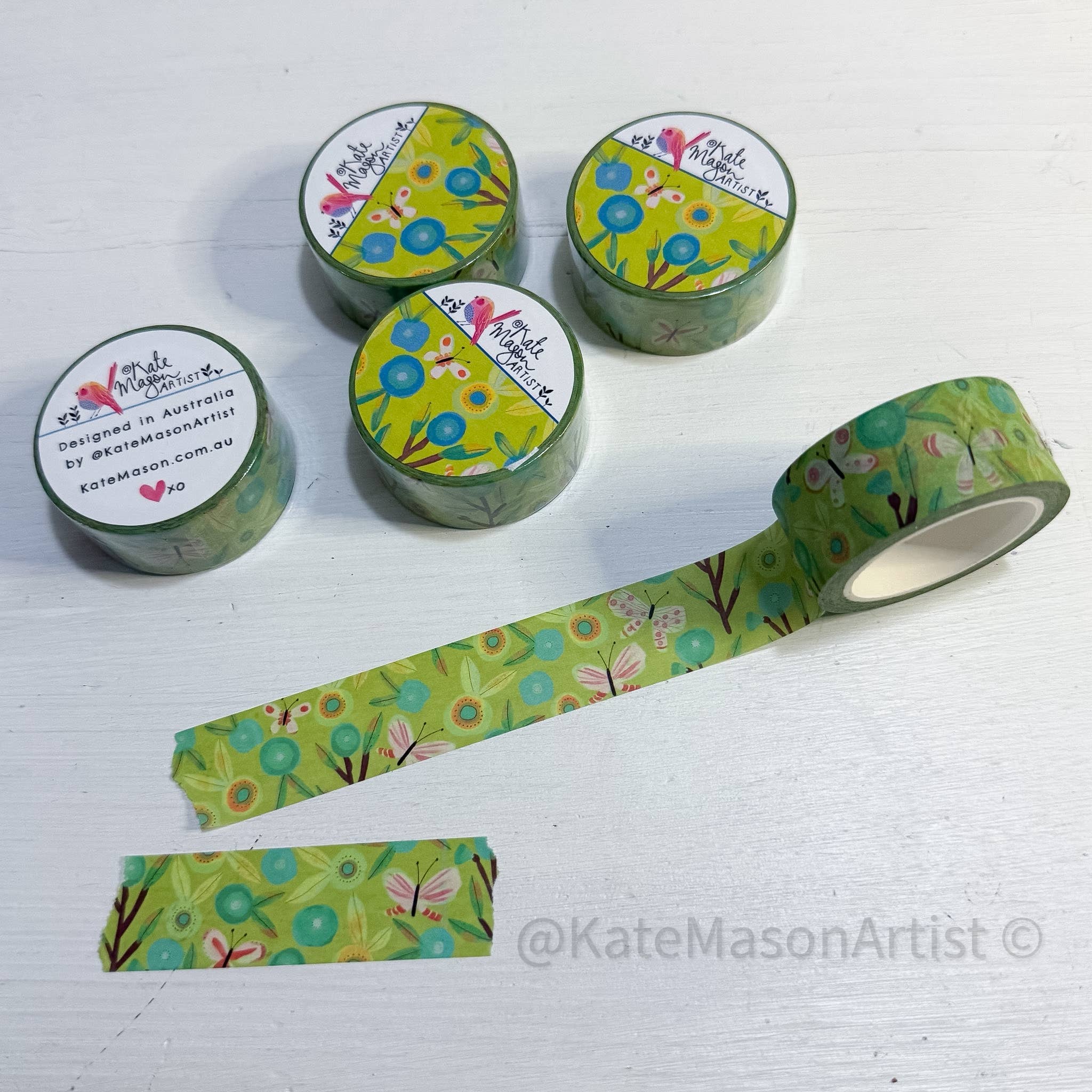 Butterfly Aqua Green Floral Washi Tape | Kate Mason Artist