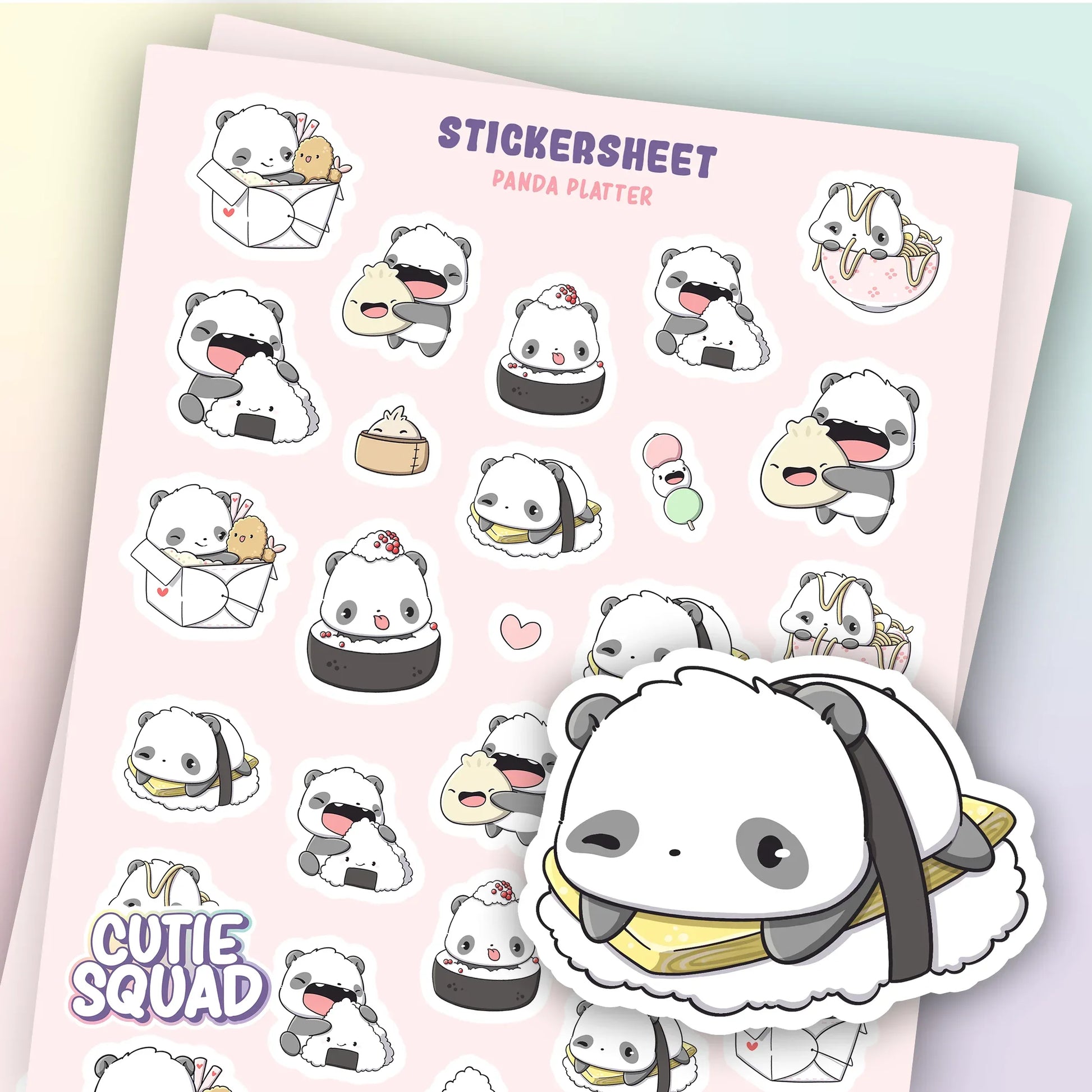 CutieSquad Panda Platter matte vinyl sticker sheet featuring pandas with various foods and snacks