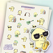 CutieSquad Garys Band matte vinyl sticker sheet featuring snail characters playing musical instruments
