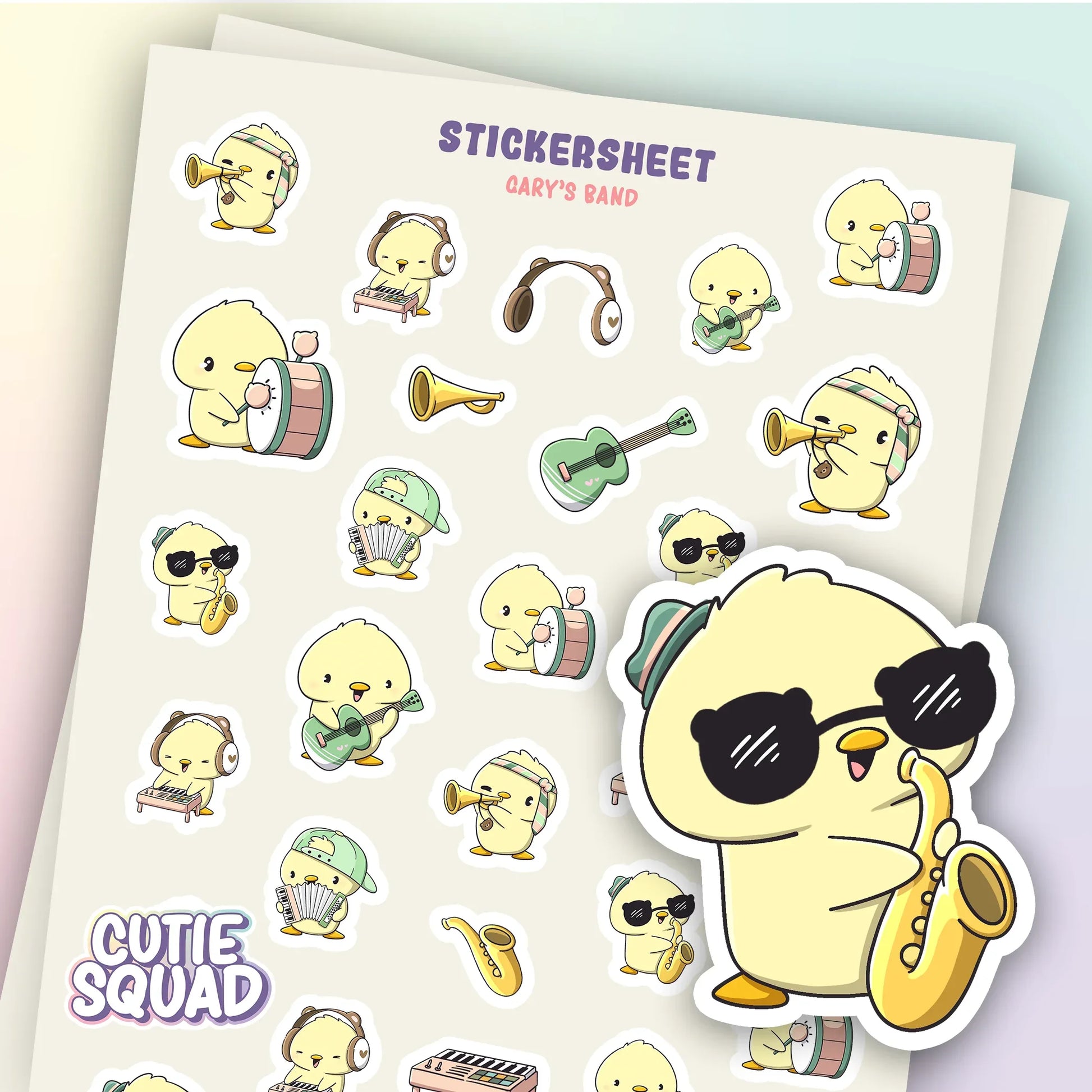 CutieSquad Garys Band matte vinyl sticker sheet featuring snail characters playing musical instruments